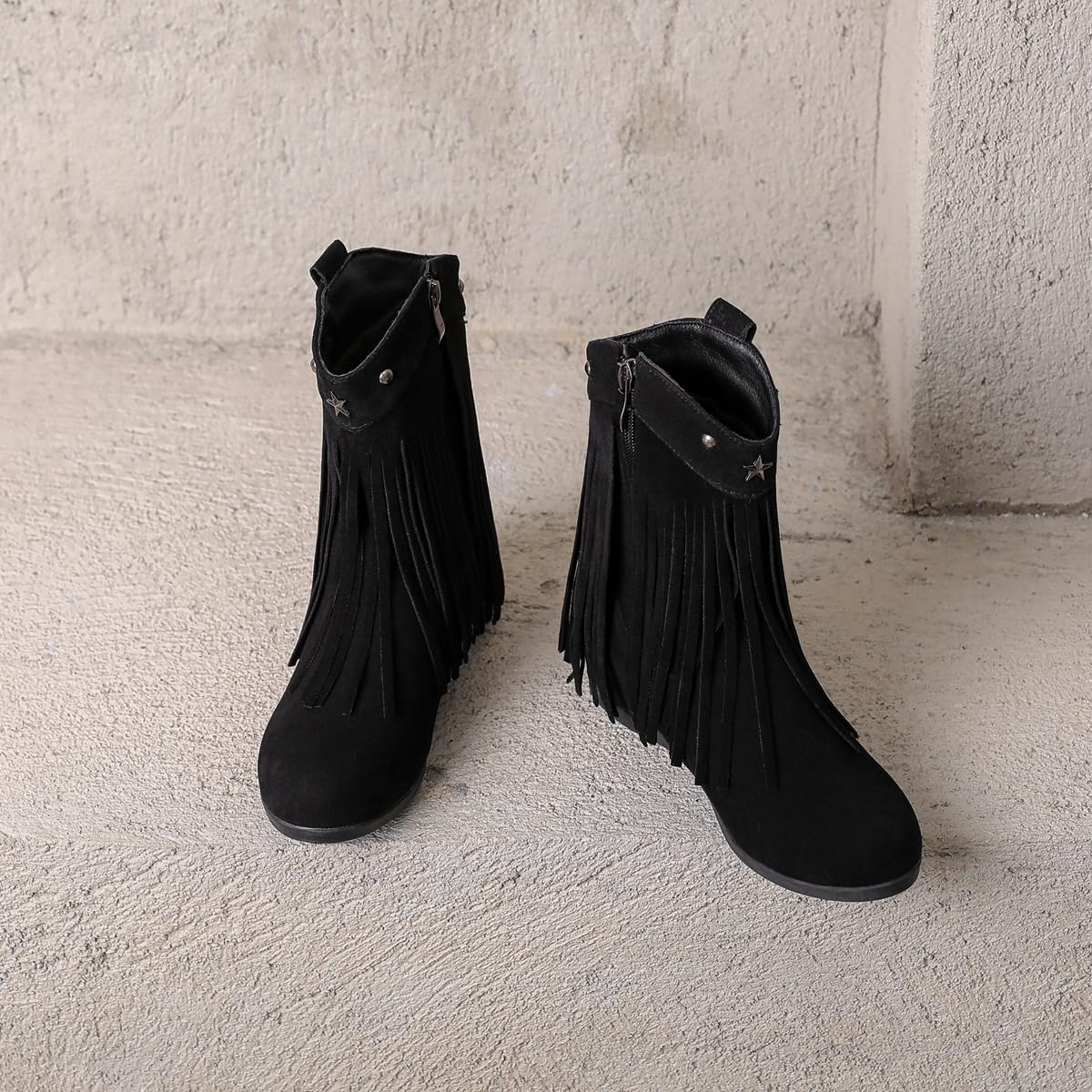 Women's Cowboy Fringed Ankle Boots Round Toe Zipper Low Wedge Hidden Heels Winter Fall Tassels Cowgirl Short Booties