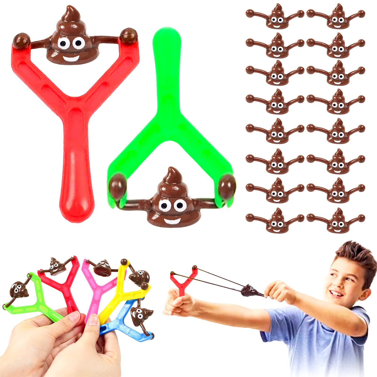 18Pcs Funny Poo Slingshot Toy Set,2 Catapult Slingshot&16 Poo Mochi Squishy Toys Emoji Bullets,Poop Finger Shooting Slingshot Prank for Kids Adults Party Bag Fillers Joke Toy Gift,Xmas Stocking Filler