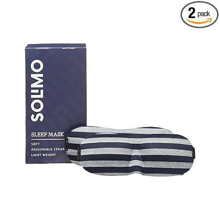 Amazon Brand - Solimo Sleep Mask, With Eye Cushion, Ultra Smooth, Adjustable Strap, Total Blockout (Blue Stripes, Pack Of 2)