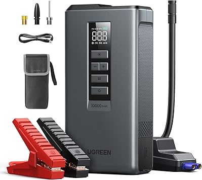 UGREEN Car Battery Jump Starter with Air Compressor 150PSI, Car Jumper Starter Portable (4L Gas/2.8L Diesel), Jump Box Car Battery with Auto-Shutoff Tire Inflator, Jumper Cables and Light
