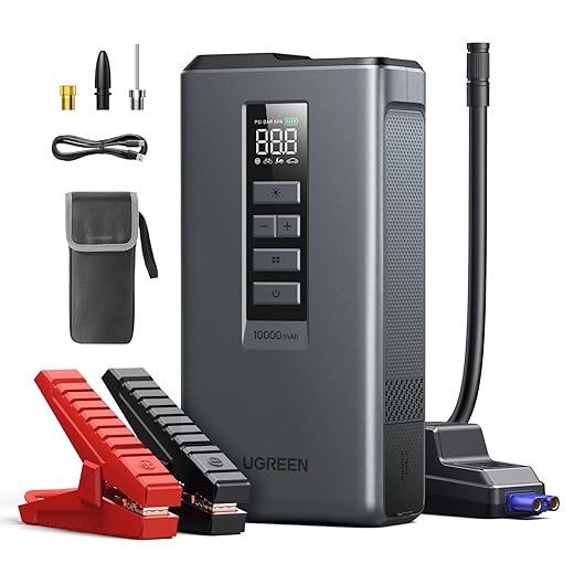 UGREEN Car Battery Jump Starter with Air Compressor 150PSI, Car Jumper Starter Portable (4L Gas/2.8L Diesel), Jump Box Car Battery with Auto-Shutoff Tire Inflator, Jumper Cables and Light