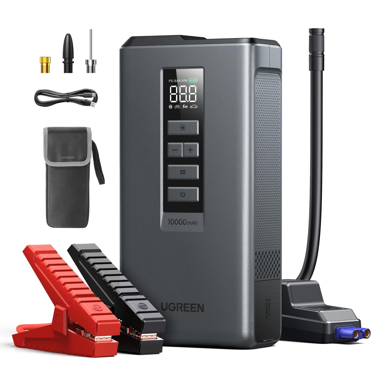 UGREEN Car Jump Starter with Air Compressor, Portable 12V Battery Booster 1000A Peak, 150 PSI Tire Inflator, Power Bank, 3-Mode LED Emergency Light for 4.0L Gas and 2.5L Diesel Engines