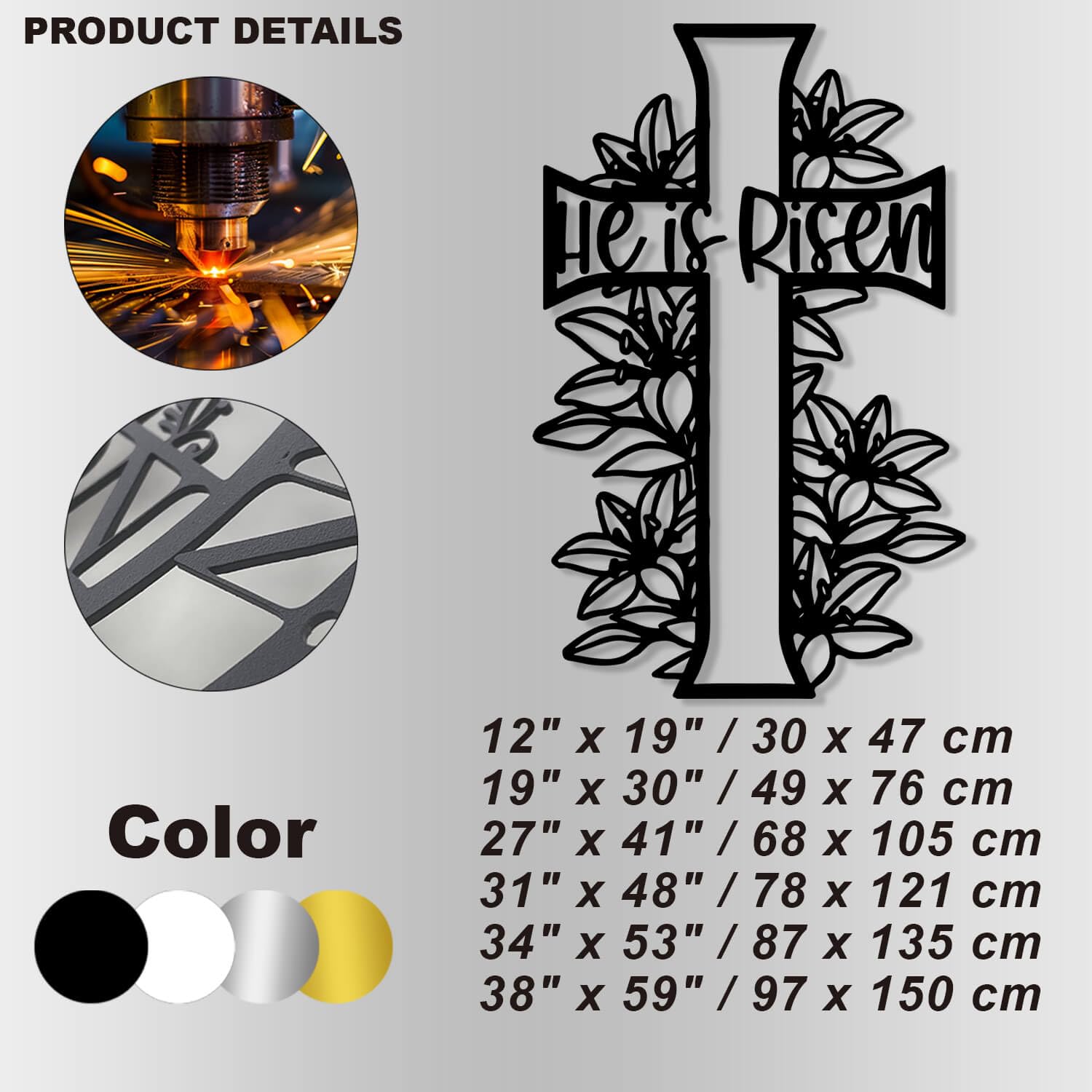 Metal Wall Art Sculpture Decor, He Is Risen Cross, Easter, religijny prezent do dekoracji wnętrz, duży chrześcijański krzyż do kościoła w salonie (złoty, 19 cali x 30 cali)