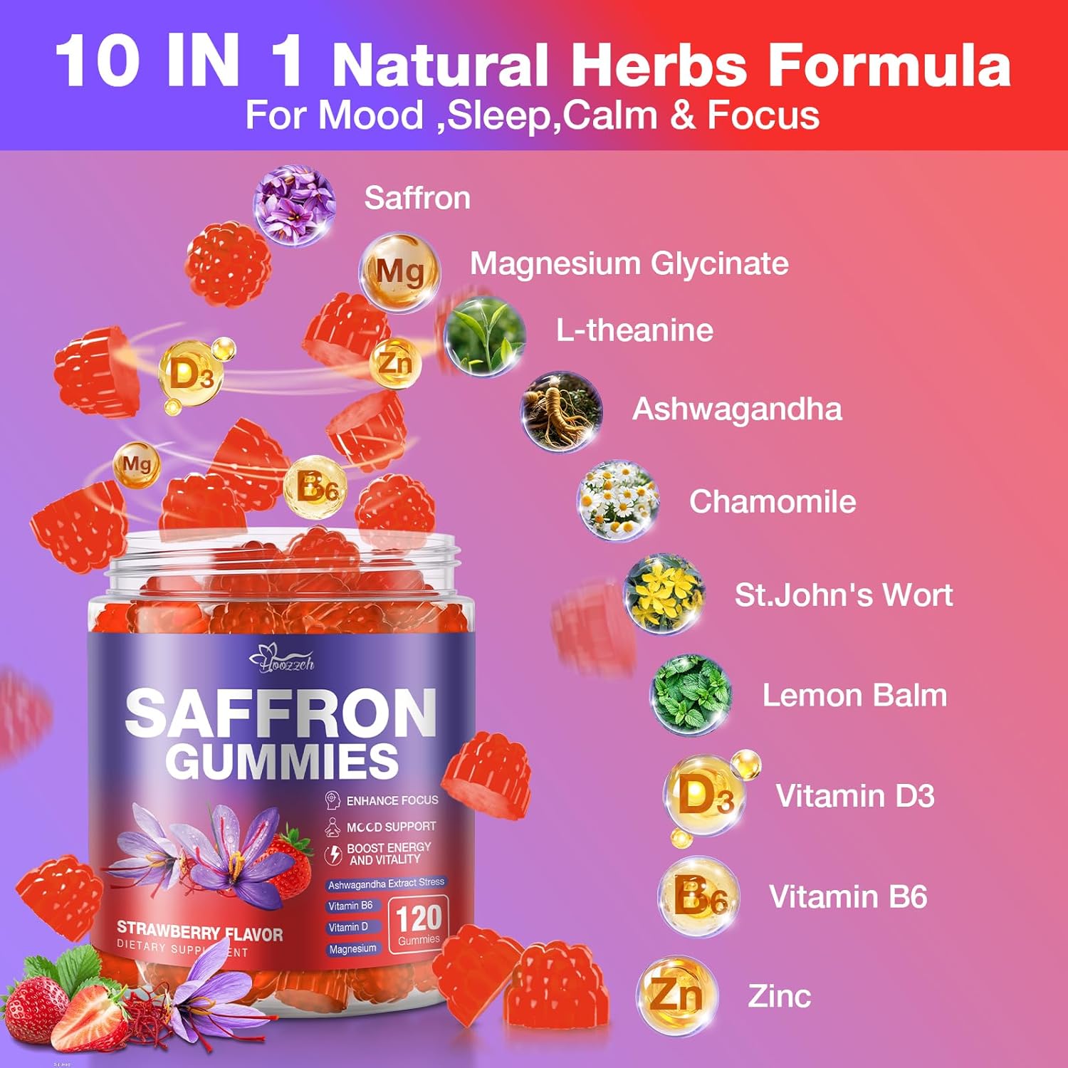 Saffron Gummies for Kids & Adults, Saffron Extract 88.5mg with Magnesium Glycinate 200mg, Supports Focus & Mood, Calm, Sleep & Eye Health, Contains L-Theanine, Indian Ginseng, Vitamin B & D Complex