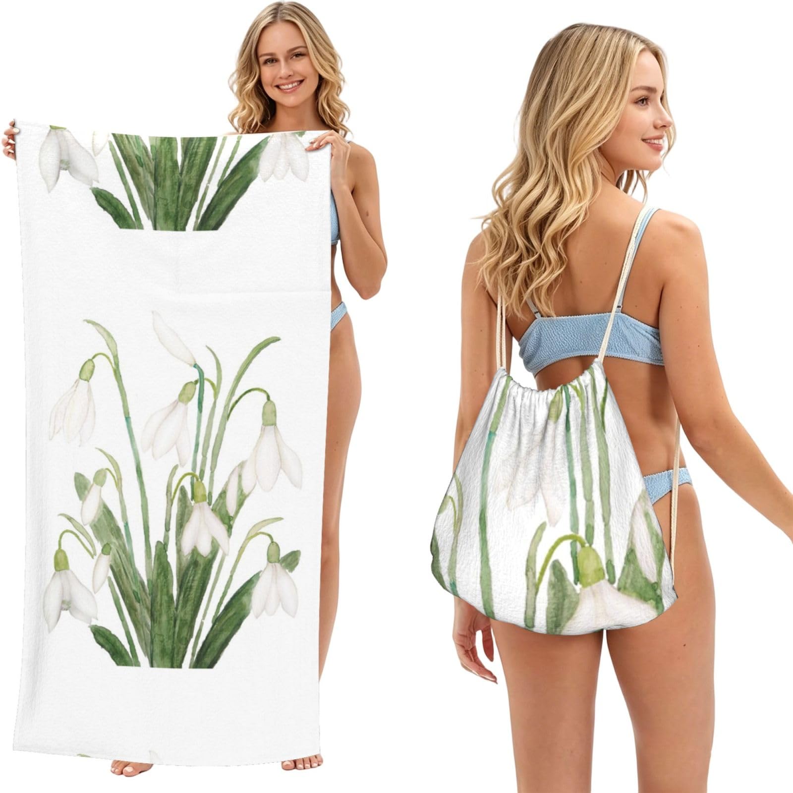 Poadnly As Picture White Snowdrop Flower Botanical Watercolor Painting, 2 In 1 Packable Towel Bag, Beach Towels With Drawstring Backpack For Travel Holiday Camping