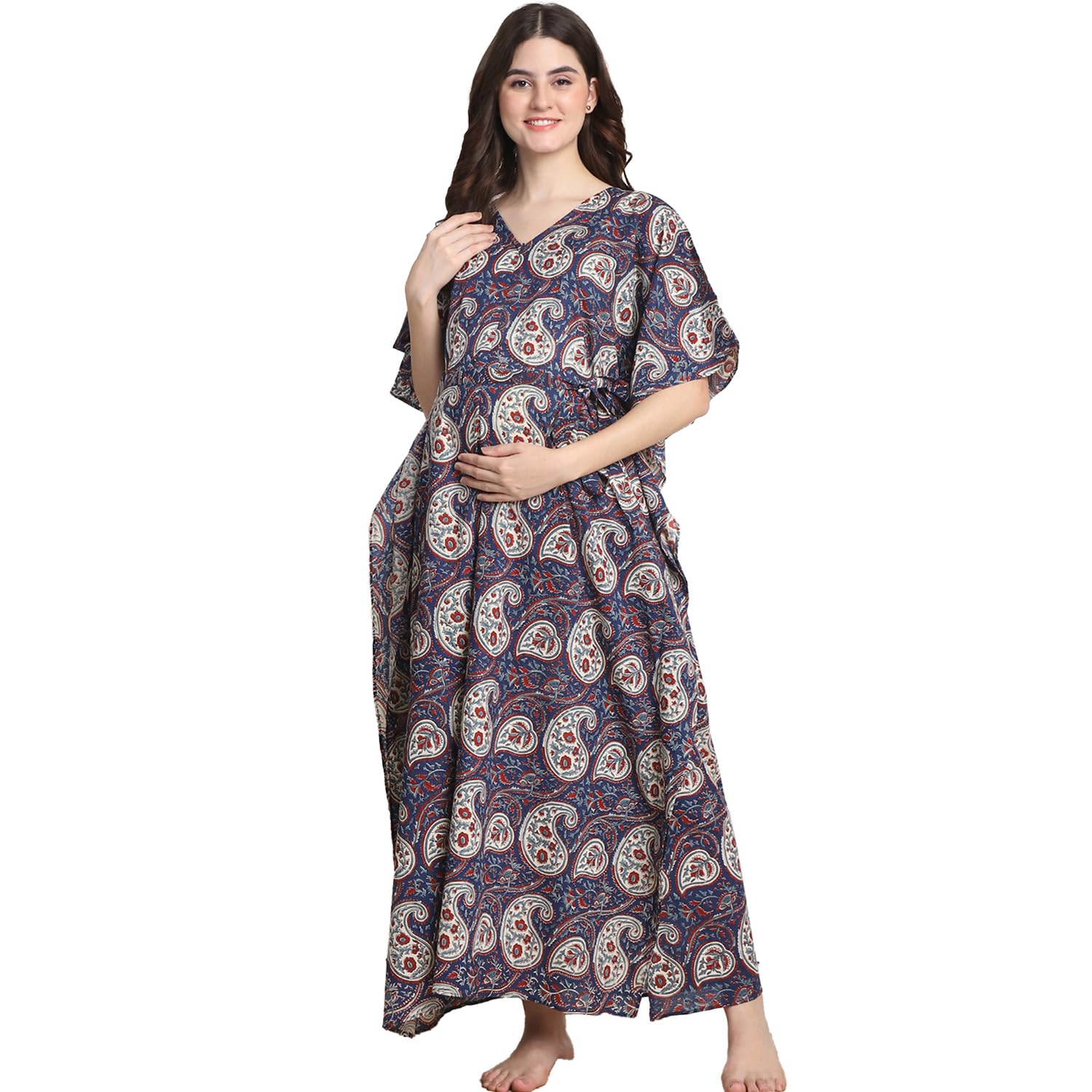 Printed Cotton Maternity Kaftan Full Length/Free Size/Belt/Zipper/Nursing/Feeding-image-33