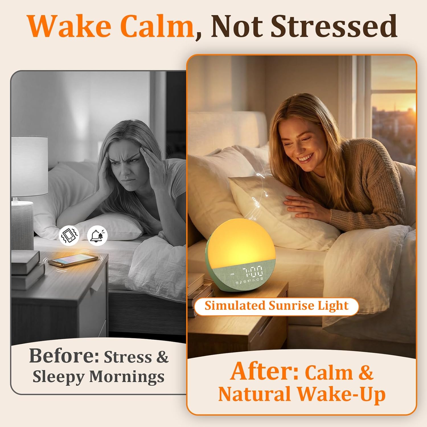 Wake Up Sunrise Alarm Clock: 10-60 Minutes Simulate Sunrise for Gentle Wake Up - 20 Adjustable Brightness Bright Enough for Heavy Sleepers - Dual Alarms with Sound Machine