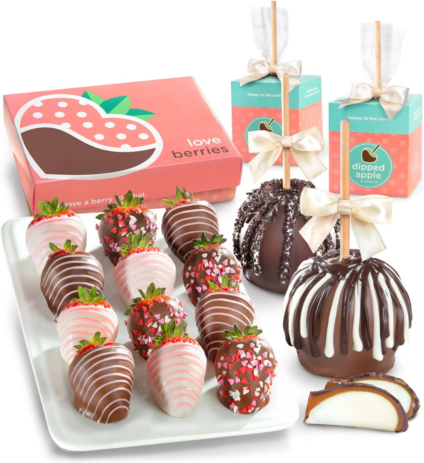 A Gift Inside One Dozen Original Love Berry Dipped Strawberries & Chocolate Delight Caramel Apple Duo