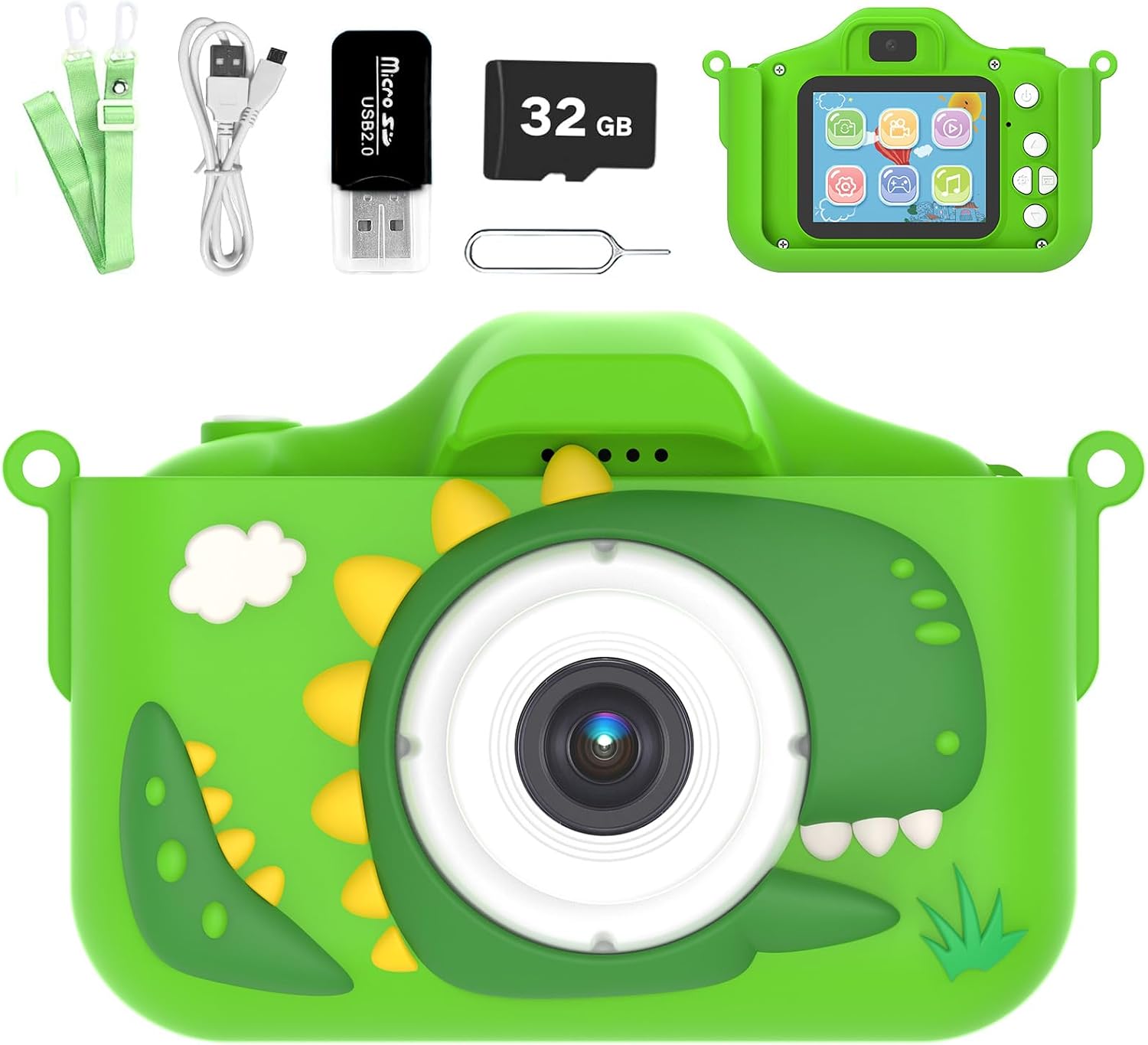 Kids Camera for 3-9 Year Old Boys Girls, Children Digital Camera with Cute Cartoon Soft Cover & 32GB SD Card, Best Christmas Birthday Gifts for Grandkids, Halloween Party Favors for Kids - Green
