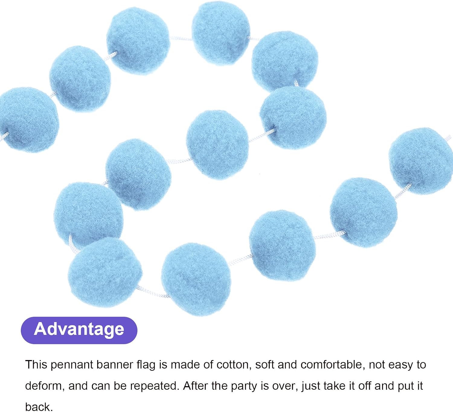 MECCANIXITY 2Pcs Felt Ball Garland Light Blue Pom Pom Garland Handing Balls 6.6 Feet Long 30 Balls Party Banner Decor for Christmas Birthday Party Decoration