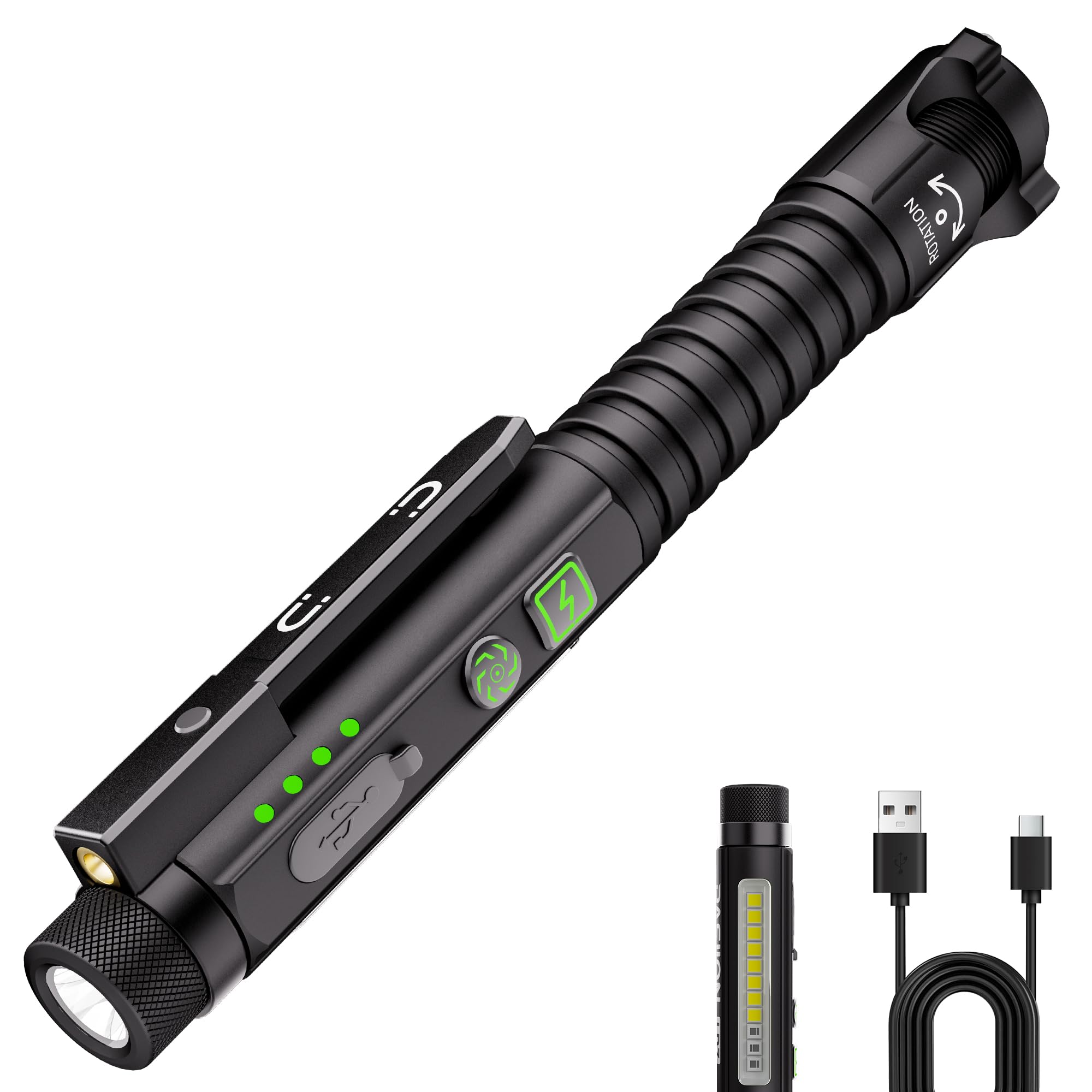 EDC - Torcia ricaricabile da 780 lumen, piccola torcia a LED con clip magnetica e base, 11 modalità, ricarica USB-C, interruttore di vetro e apribottiglie, torcia compatta per lavoro, casa e