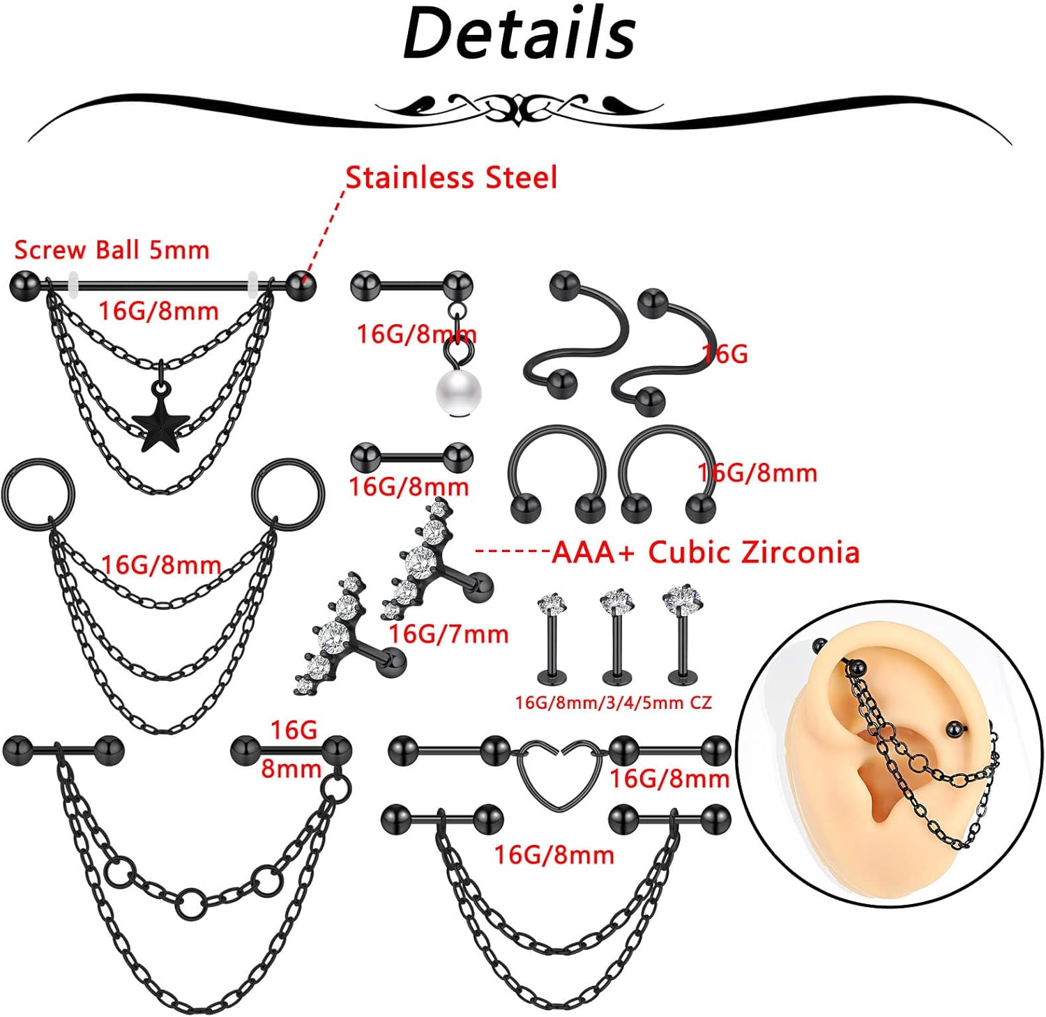 Stuppendux Chain Industrial Barbell Industrial Earrings Stainless Steel Industrial Piercing Jewelry Double Helix Earring for Women Men