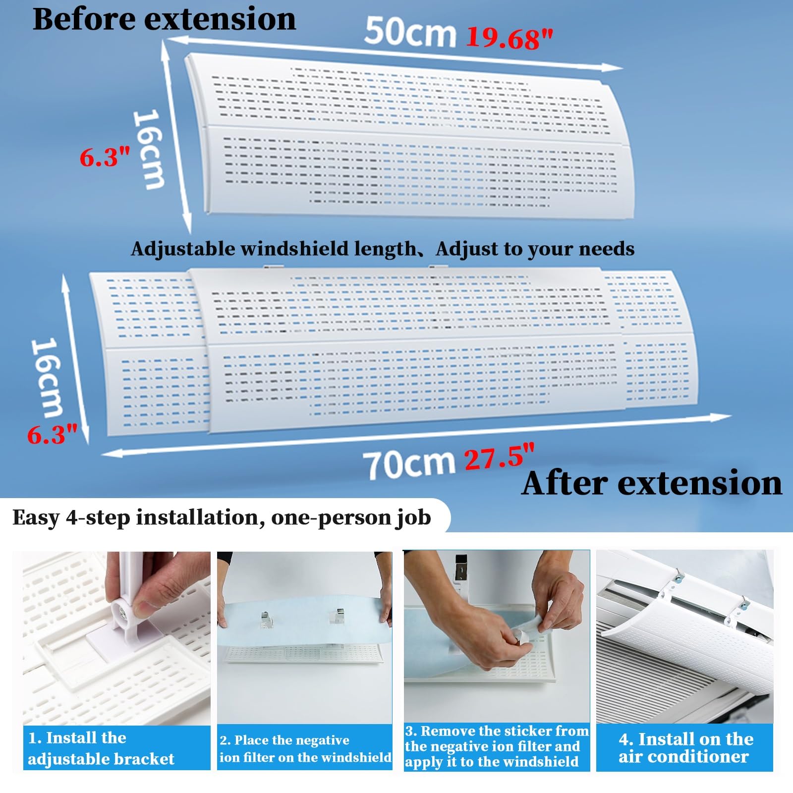 Deflettore per condizionatore d'aria, pannello antivento direzionale regolabile, estensibile da 50 a 70 cm, anti-condensa con filtro agli ioni, 4 pezzi