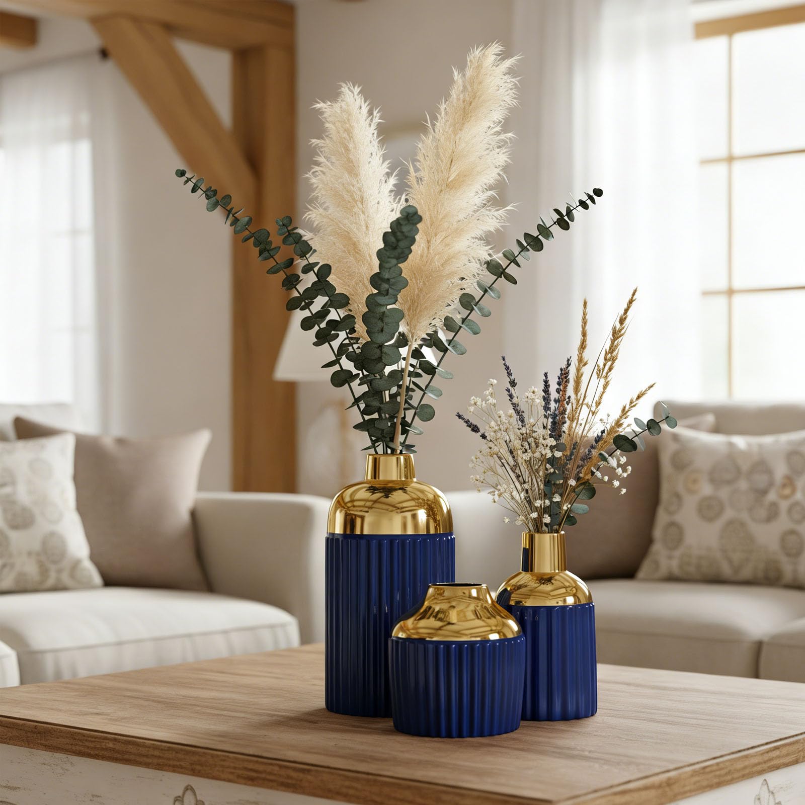 Juego de 3 jarrones de cerámica Dorada para decoración del hogar — Jarrones Decorativos Modernos para Flores, Hierba de la Pampa y eucalipto (Azul)