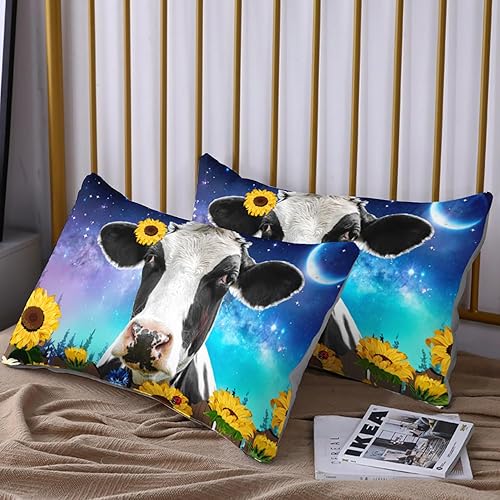 Miniatura 7 de HOSIMA Sábana bajera ajustable con estampado de vaca con 2 fundas de almohada, juego de ropa de cama con temática de animales de granja, girasol,