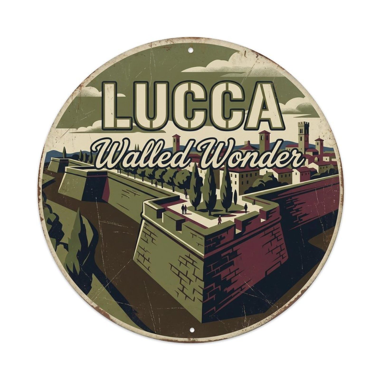 Vintage Travel Lucca Walls Italy Metal Tin Sign Plaque Wall Decor for Cafe, Club, Garden Round Metal Poster 8x8Inch