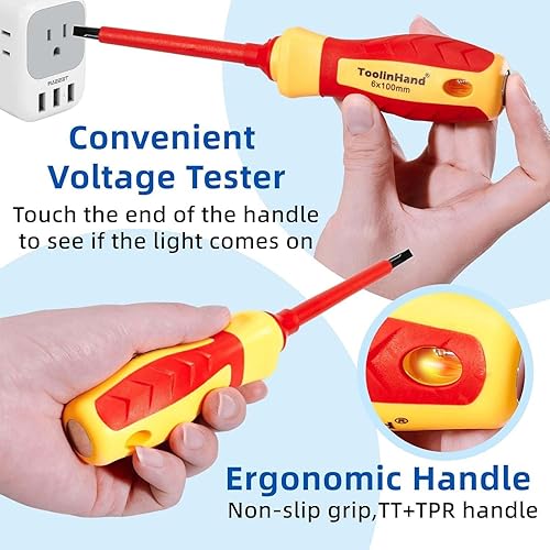 Miniatura 5 de Juego de 9 destornilladores eléctricos aislados de 1000 V, 4 Phillips y 5 destornilladores ranurados, con probador de voltaje, puntas magnéticas