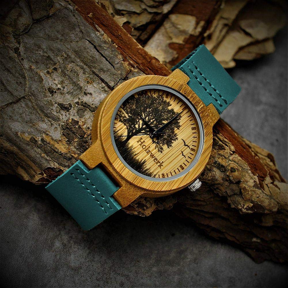 Holzwerk Germany Handgefertigte Designer Damen-Uhr Herren-Uhr Öko Natur HolzUhr Leder Armband-Uhr Save the Trees Analog Quarz Braun Blau Türkis Baum Biene Natur Motiv Limitiert