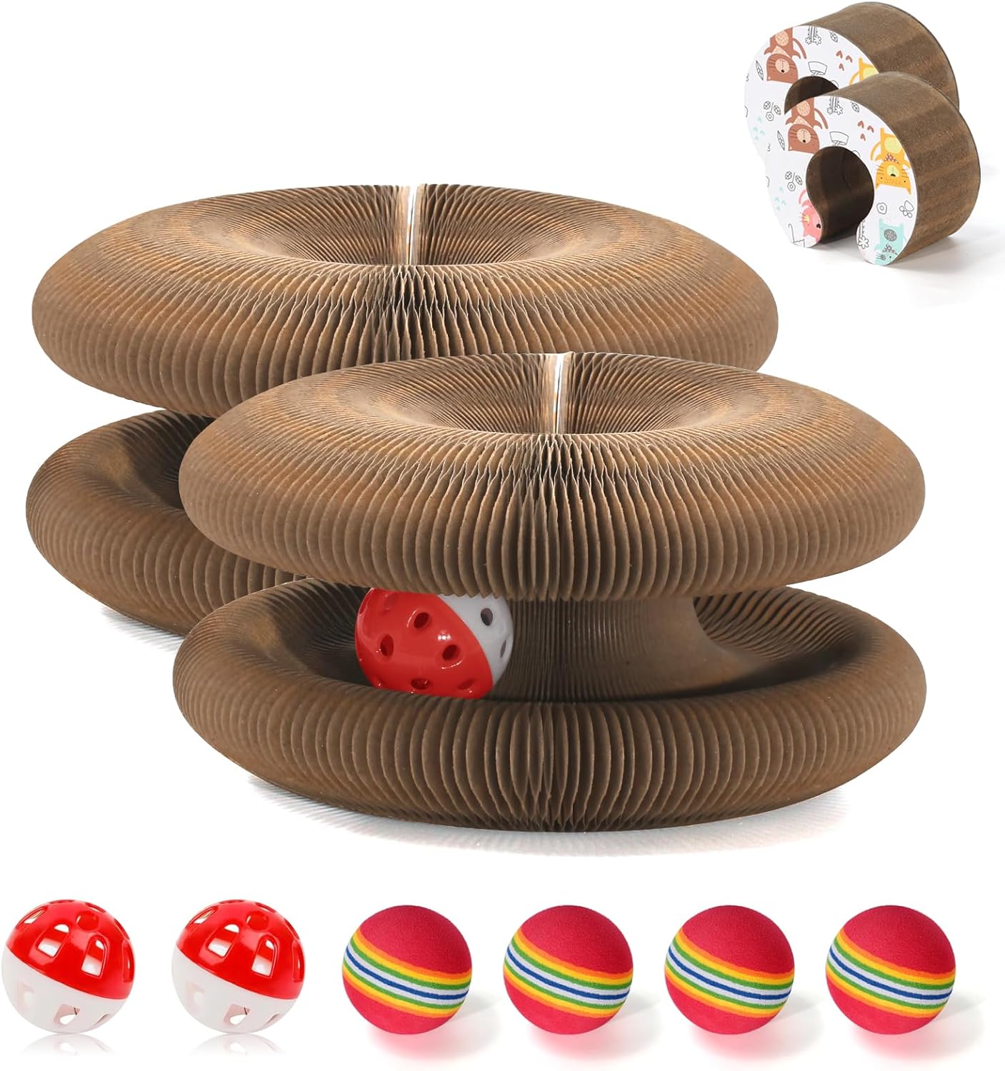 2 PCS Magic Organ Cat Scratcher Board with 6 Balls, Foldable Recyclable Accordion Cats Toy with Ball and Track Adventure, Cat Scratching Pad, Retractable Reversible Furniture Protector(Brown) Brown-2Pcs
