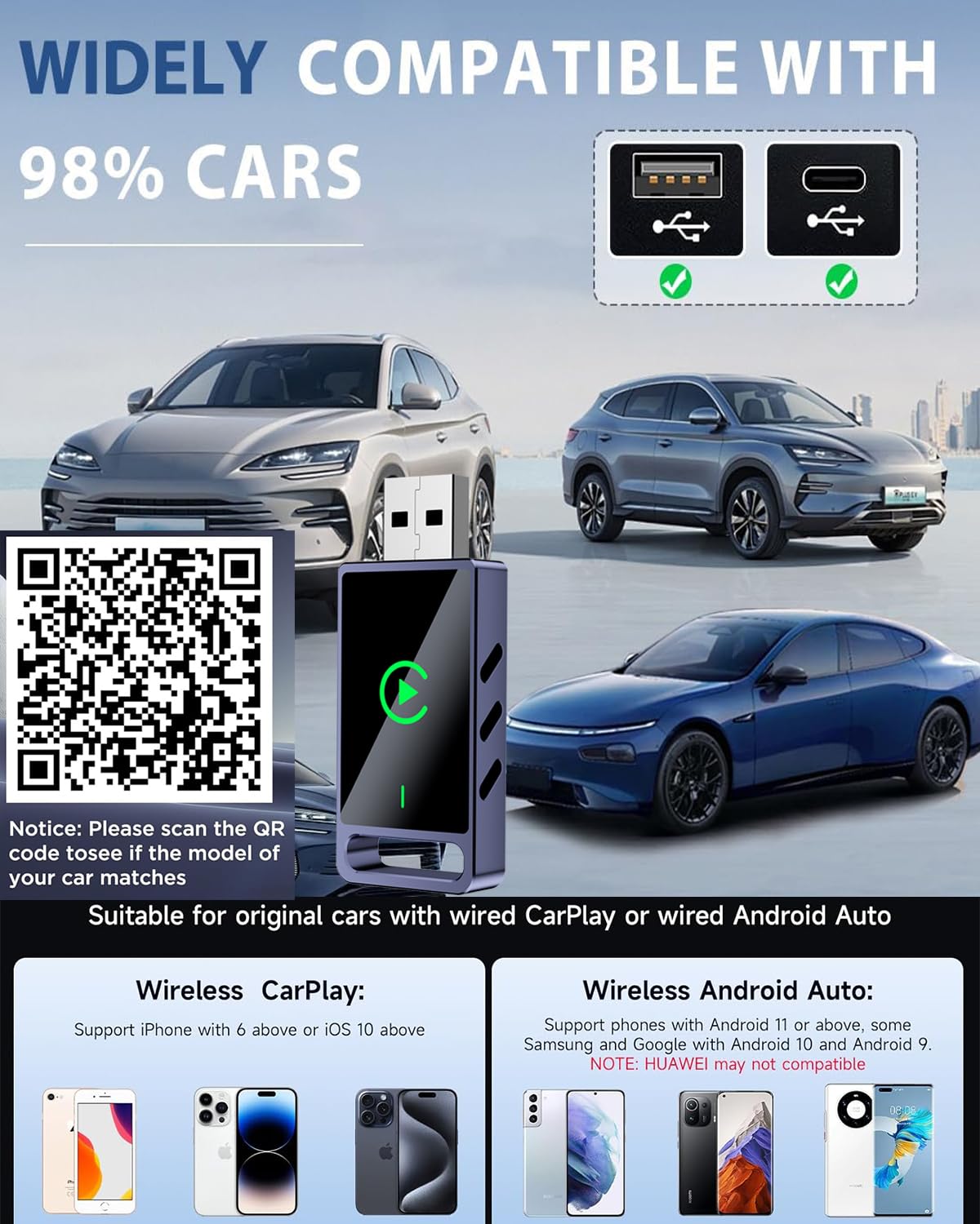 Wireless CarPlay Adapter für iOS 10+ und Android 11+, Konvertieren Sie kabelgebundenes CarPlay Kompatibel mit Autos 2016+ mit Wired CarPlay