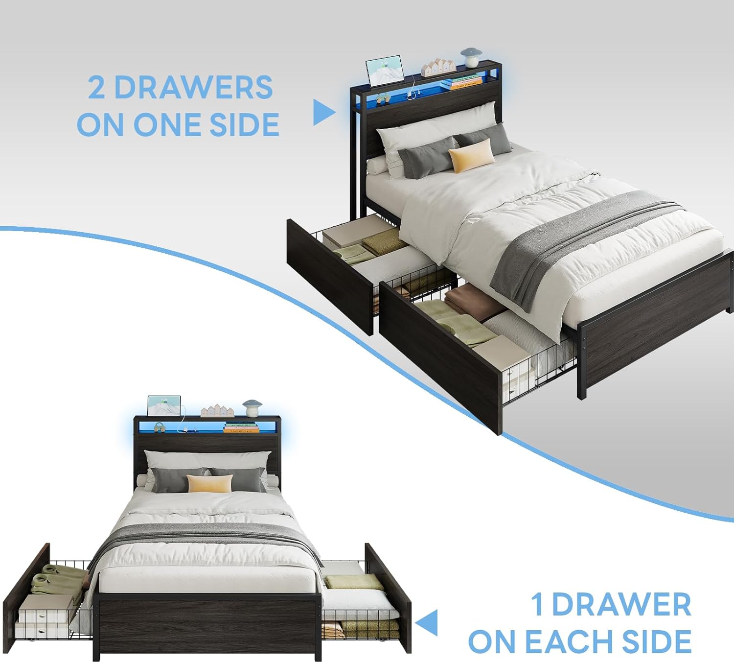 LIKIMIO Twin XL Bed Frame, DIY Storage Drawer Layout, Headboard with 2-Tier Shelves & Charging Station & LED Light, Suitable for Teen Rooms, Small Apartments & Bedrooms, Black