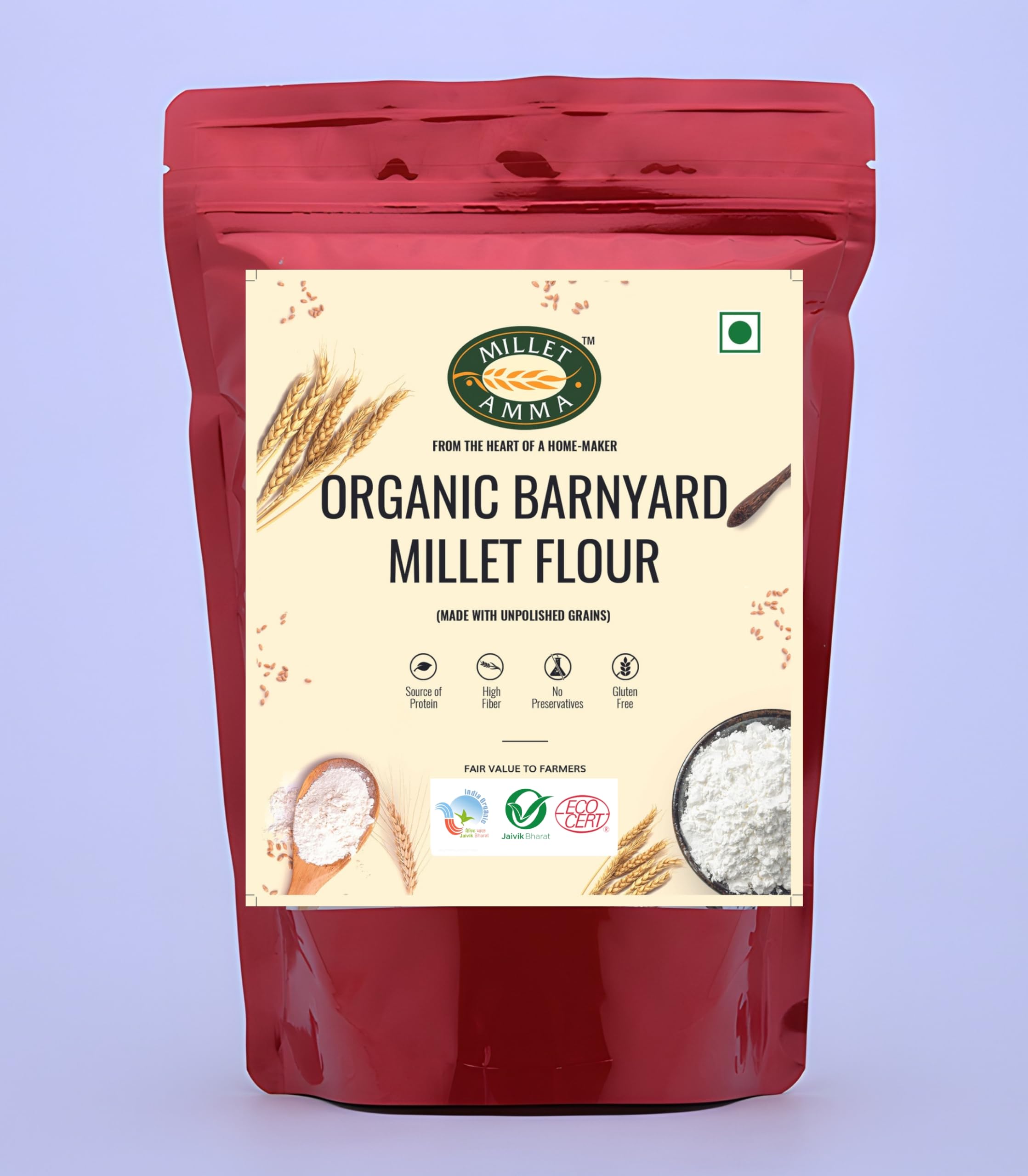 Millet Amma CERTIFIED ORGANIC Barnyard Millet Flour | 1 Kg Pack | Freshly Made with Unpolished Millet | (Udalu, Oodalu, Kuthiravali, Swank) | High Fiber & Rich in Proteins & Minerals