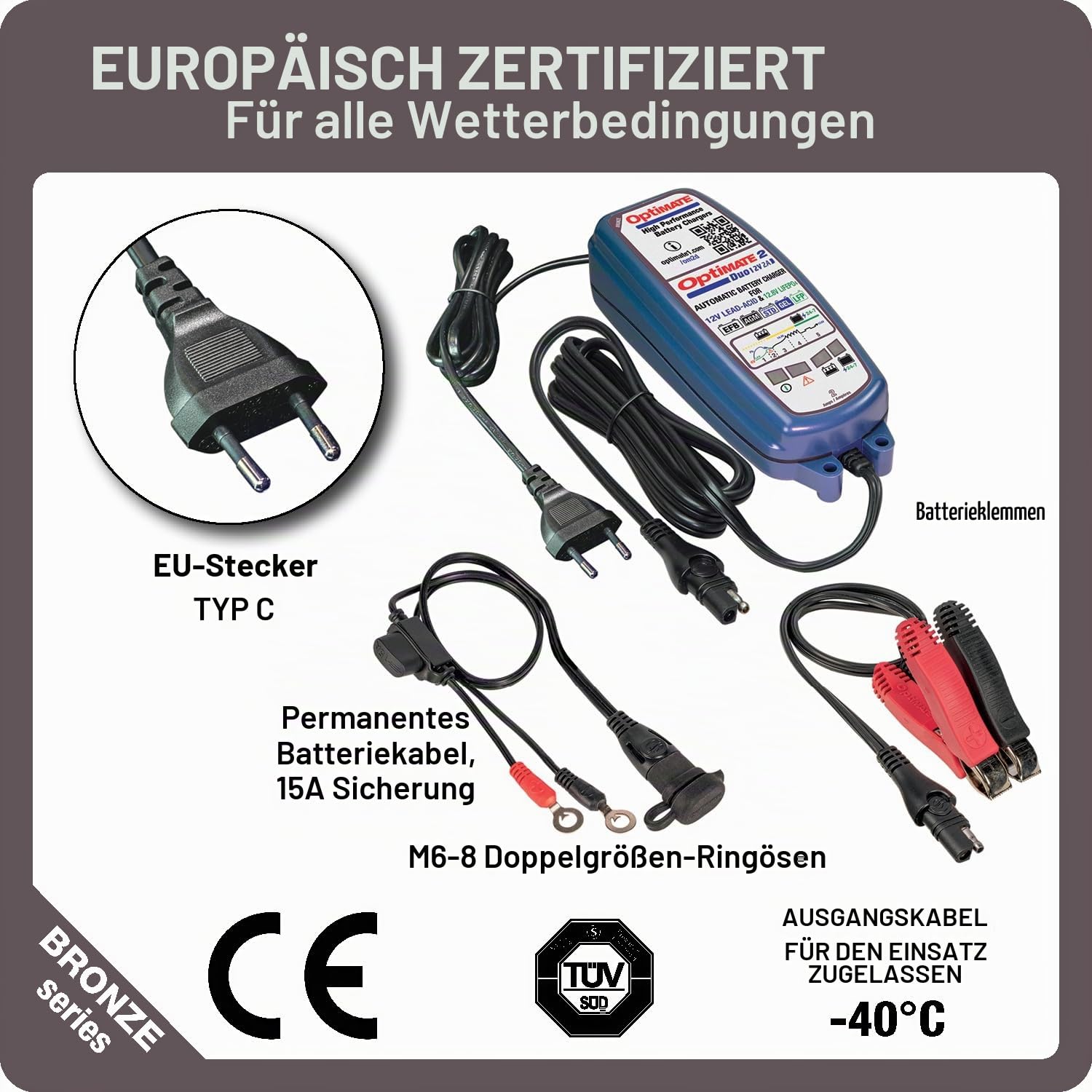 OptiMate 2 DUO 12V / 12,8V Batterieladegerät & Wartungsgerät – Automatisches 5-Stufen-Smart-Ladegerät (2A) – Für Blei-Säure- und Lithium-LiFePO4-Batterien – Sichere 24/7-Wartung, wetterfest