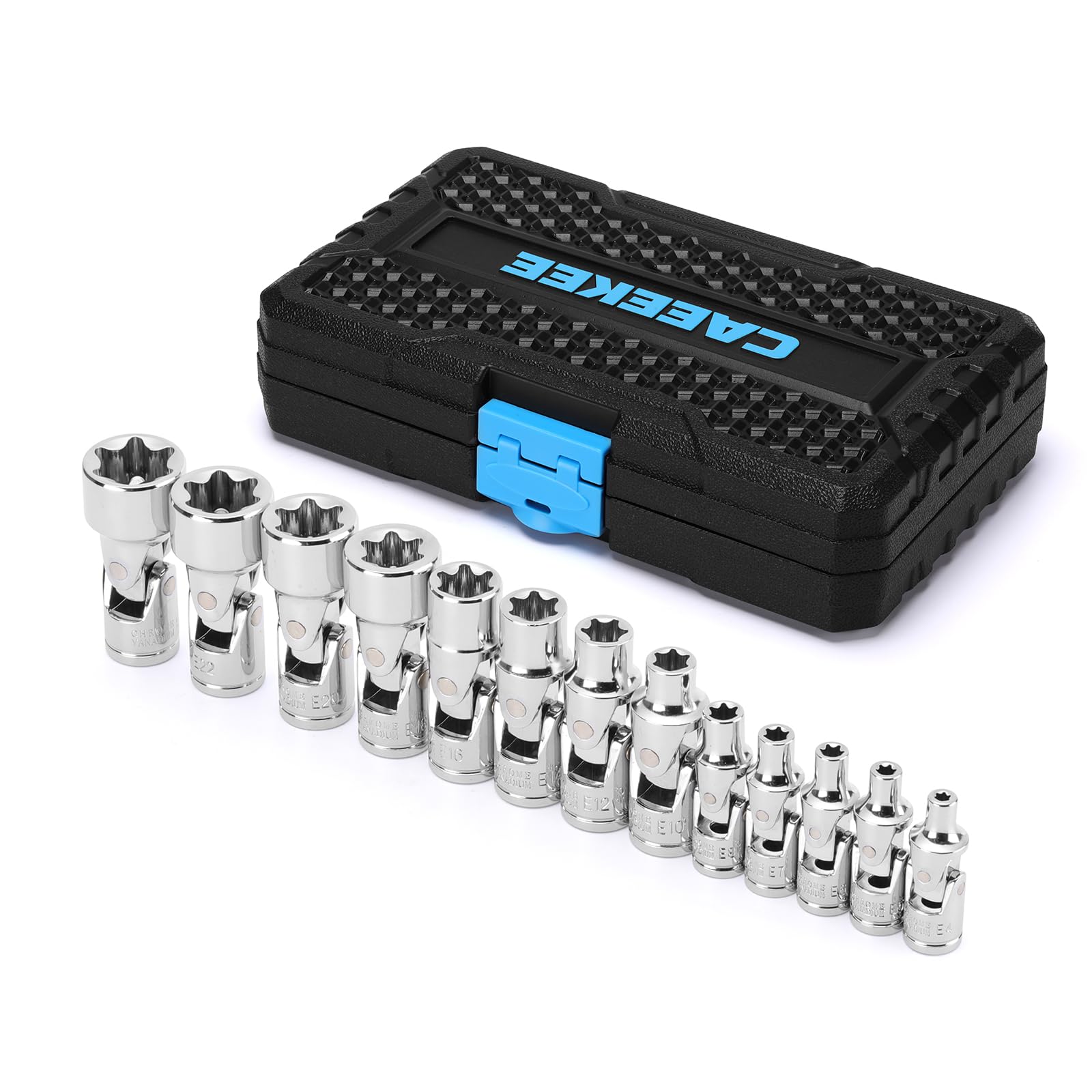 CaeeKee 1/4" & 3/8" Drive Universal External Star Socket Set, 13-Piece Universal Joint External Torx Socket Set, CR-V, Storage Case