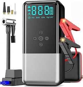 8000A Car Battery Booster Pack, 160PSI Jump Starter with Air Compressor (10L Gas/All Diesel), Portable Power Bank with Auto-Off Tire Inflator, LCD Display, Smart Jumper Cables,Flashlight