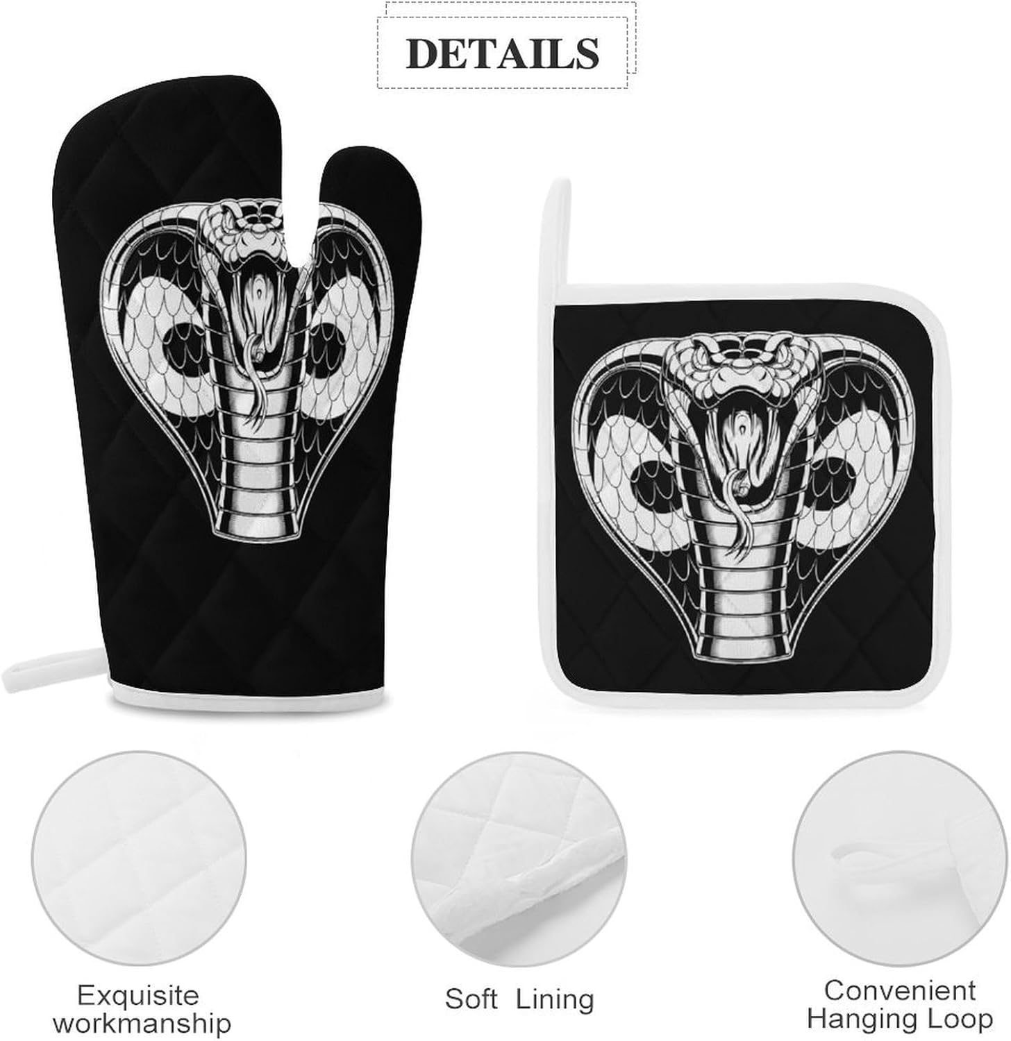 Attacking-Cobra Print Oven Mitts and Pot Holders 3 Piece Sets Heat Resistant Gloves Hot Pads Potholders for Kitchen Baking Cooking
