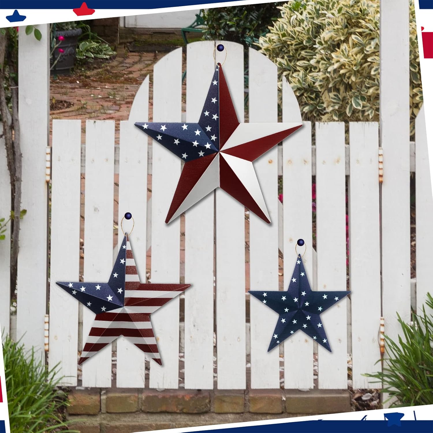 Funrous 3 Pcs Memorial Day Decorations Outdoor 12'' 8'' and 6'' Patriotic Metal Stars American Flag Stars 3D Wall Art Decor 4th of July Barn Star for Home Porch Yard