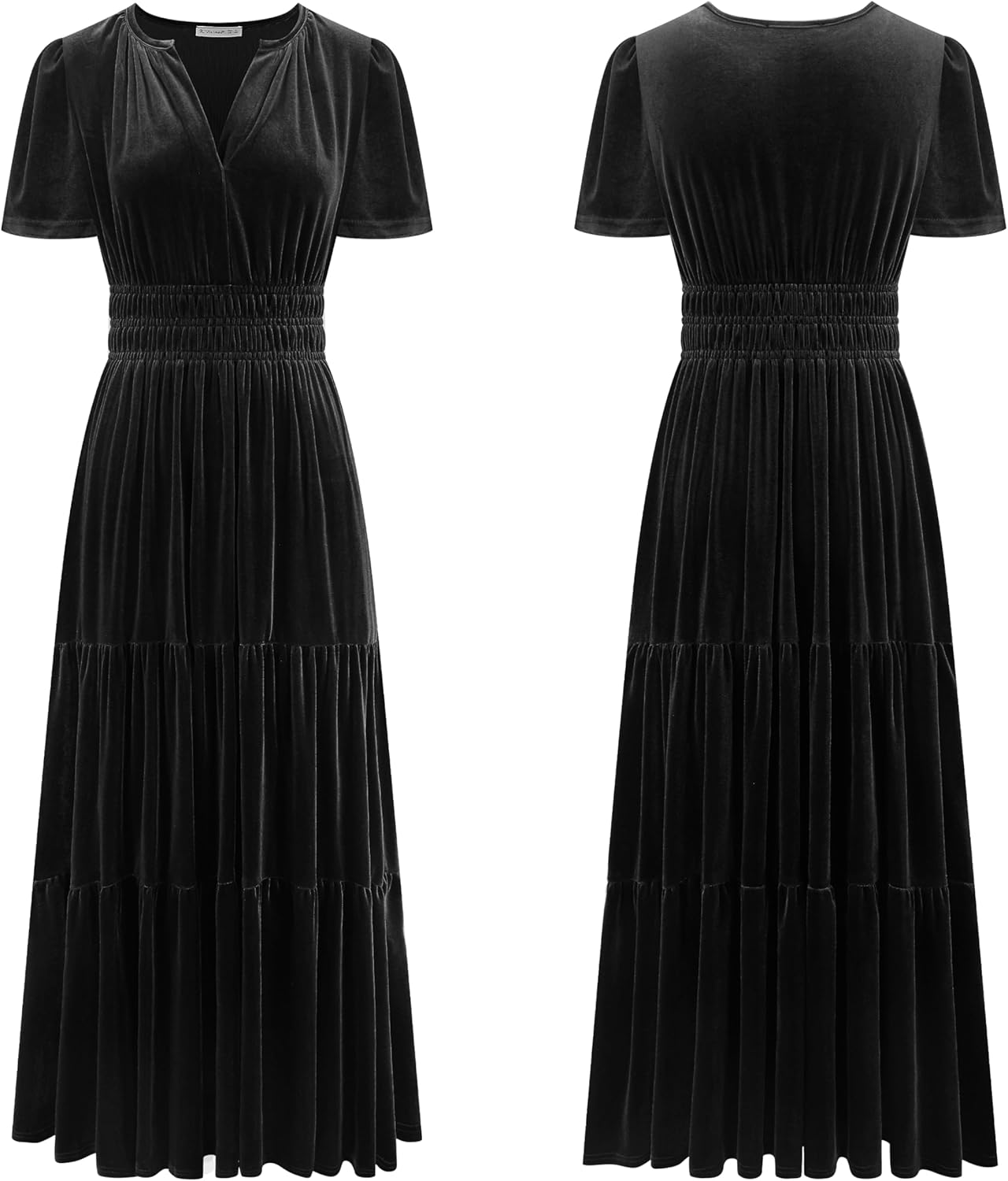 R.Vivimos Women's Fall Winter Vintage Velvet Dress Short Sleeve V Neck Elastic Waist Tiered Ruffle A-Line Flowy Maxi Dress - Image 6