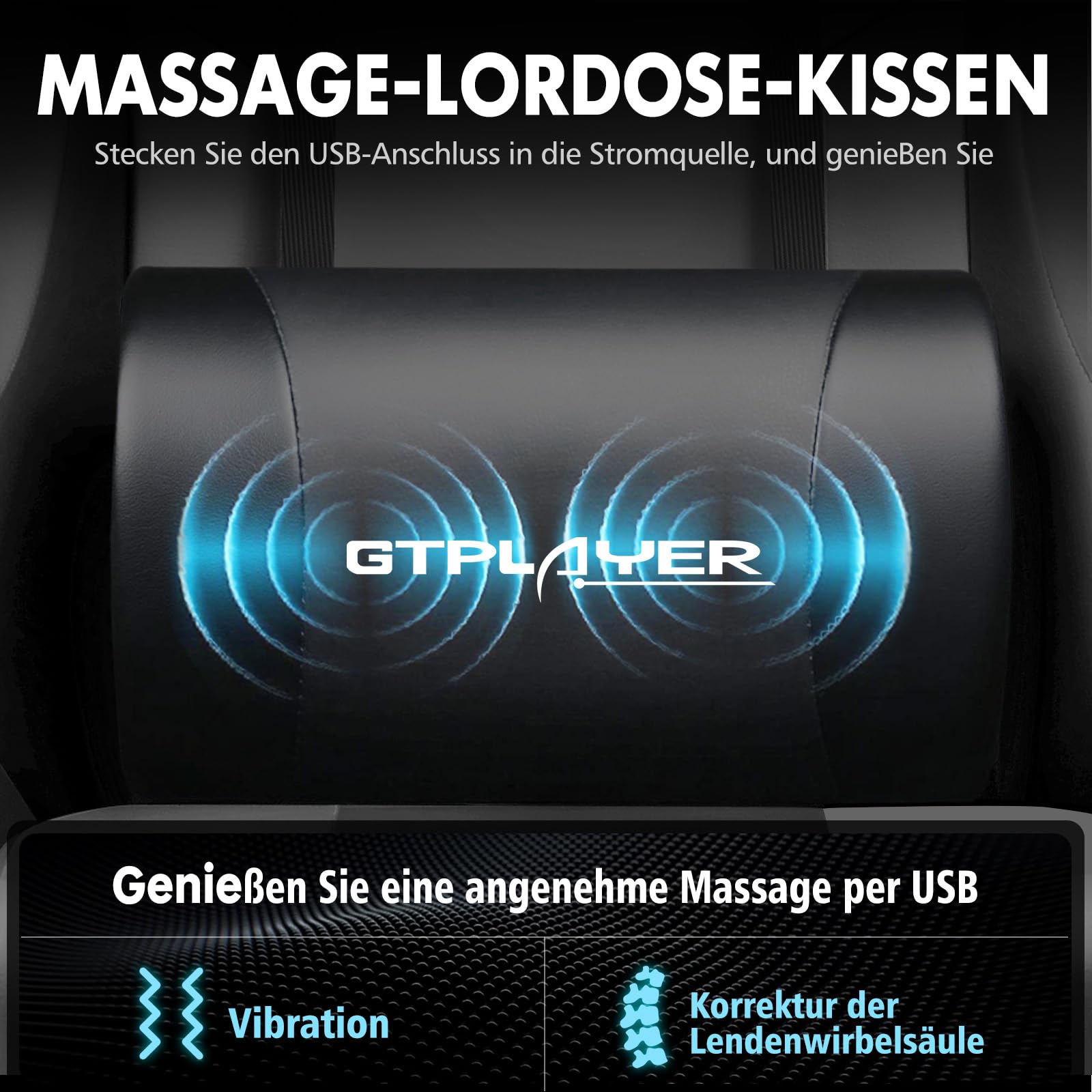 GTPLAYER Krzesło gamingowe, ergonomiczne krzesło biurowe, fotel gamingowy z podparciem okolic masażu, krzesła zadaniowe z podnóżkiem i zagłówkiem, kolor czarny, sztuczna skóra