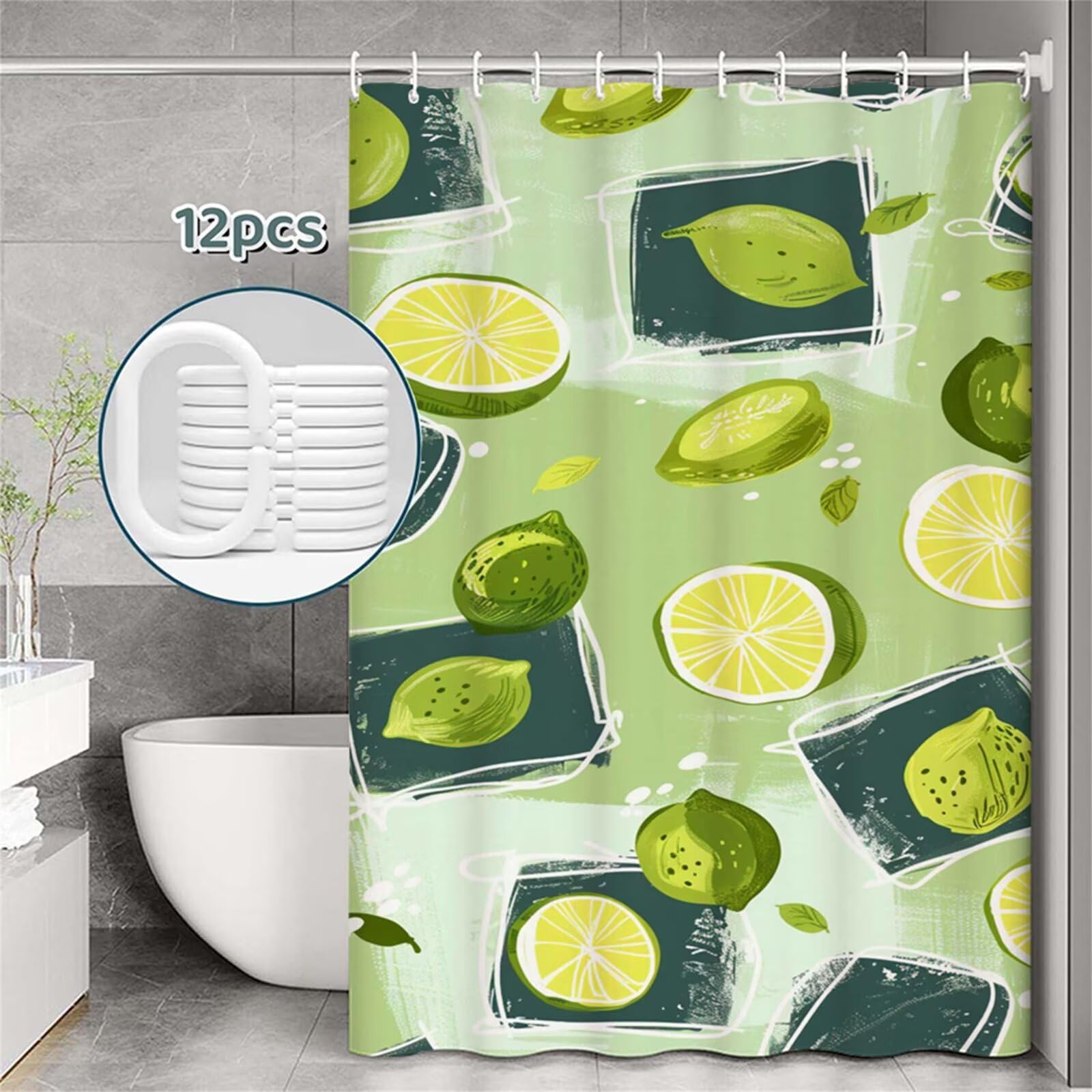 Tenda Doccia in Poliestere verde,Tende per Doccia Extra Lunga 230x180cm,limone Tenda Vasca da Bagno Tessuto Lavabile,Impermeabile e Facile da Pulire,con 12 Ganci,Decorazione per Bagno,Hotel Z-408