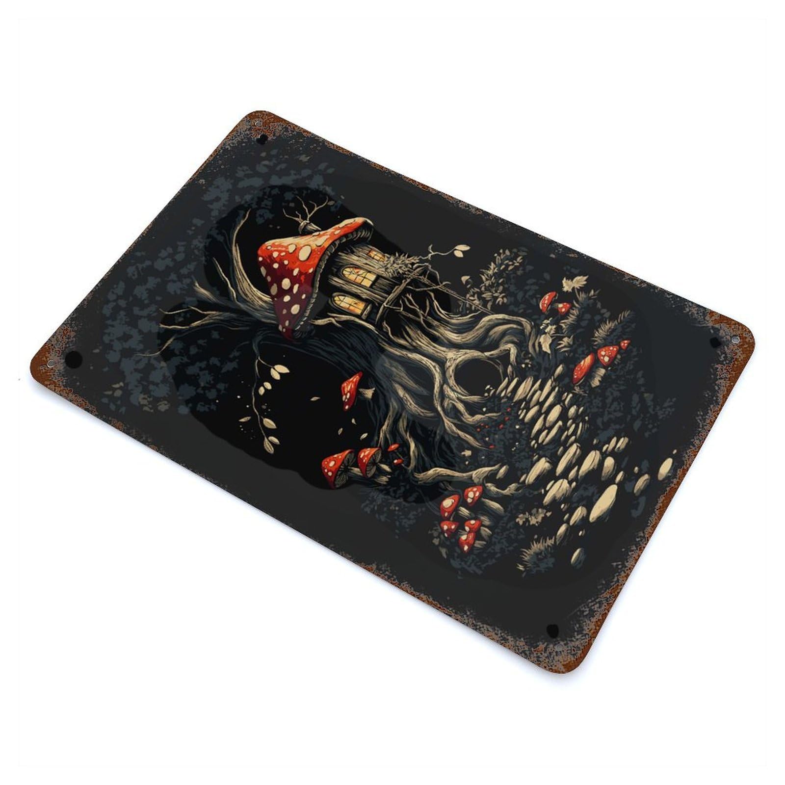 Goblincore - Mushroom House in The Woods Rustic Tin Plaque 11.8"x7.9", Ideal for Shed, Workshop And Garage Wall Decor