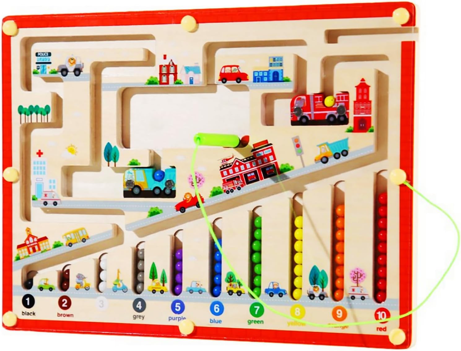 Magnetic Color and Number Maze, Montessori Toys for 3+ Year Old, Wooden Magnetic Maze Learning Counting Puzzle Activity Board for Toddlers and Kids Preschoolers 3 4 5 Year Old-City ??Traffic Color-city Traffic