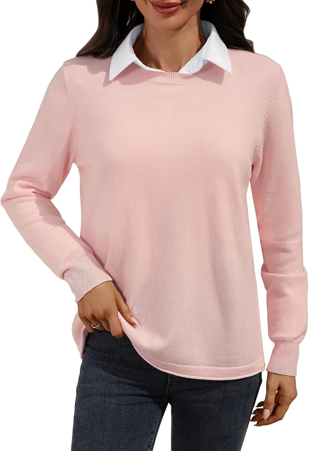 Women's Crew Neck 100% Wool Pullover Sweater Long Sleeve Tops