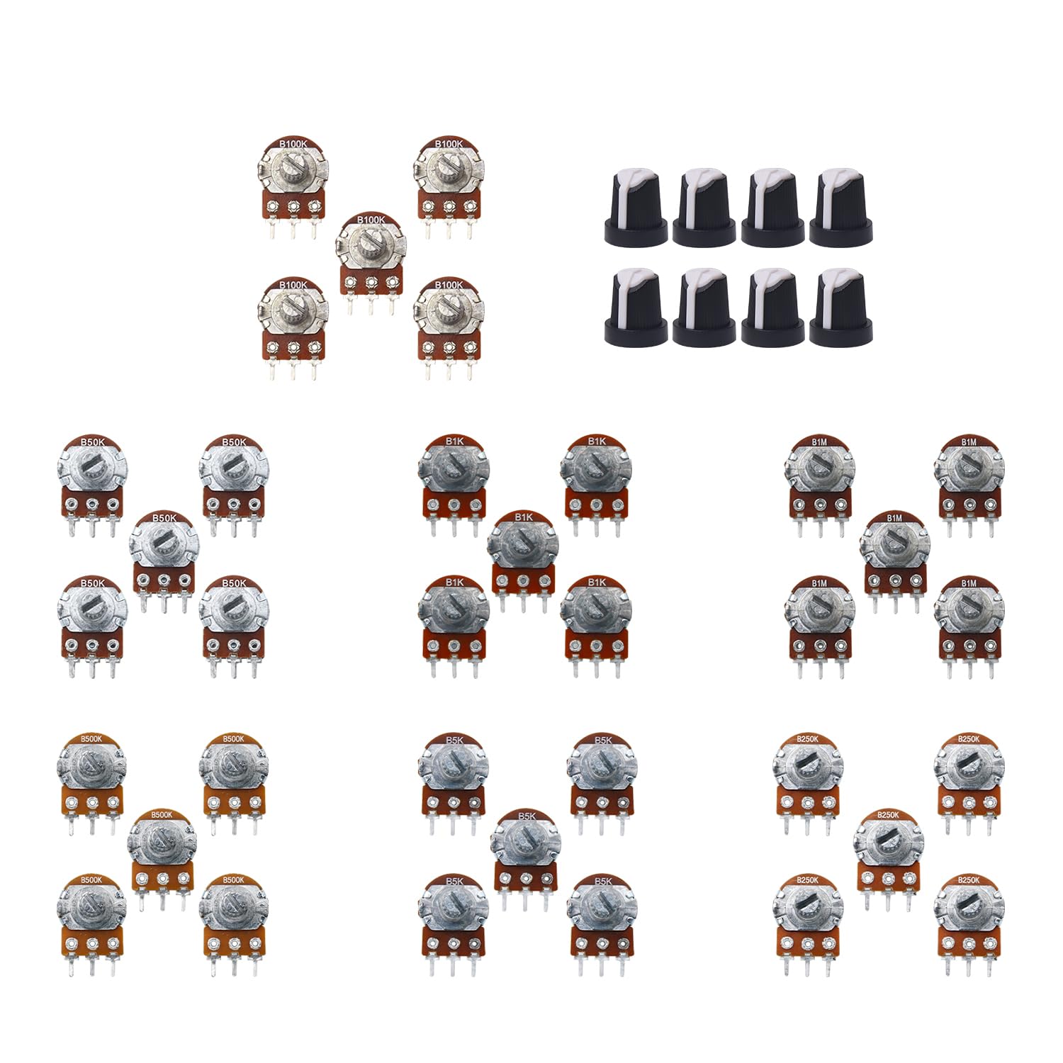 Electronic Spices Combo of 3 Terminal Rotary Potentiometer | 7 Values (1K 5K 50K 100K 250K 500K 1M) 35pcs Sets | with Knobs