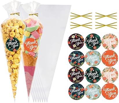 100PCS Sweet Cone Bags With Gold Ties & 108 Thank You Stickers