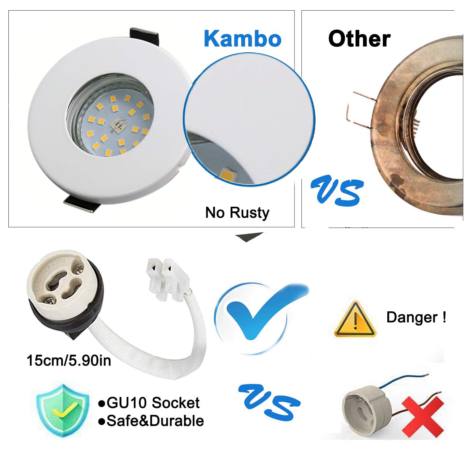 Focos Empotrables GU10 LED de Baño IP44 Impermeable Kambo 6W Equivalente a Incandescente 50W Ø55-80mm Profundidad 80mm Blanco Cálido 2800K 540LM Metal Níquel Blanca Marco Redondo AC 230V 4 Piezas