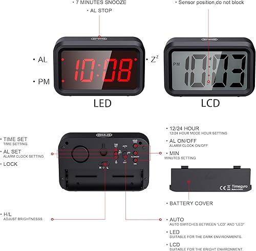 Miniatura 2 de Timegyro Reloj digital a pilas pequeño reloj de escritorio inalámbrico alimentado con pilas solo modo dual pantalla LEDLCD reloj de estante negro