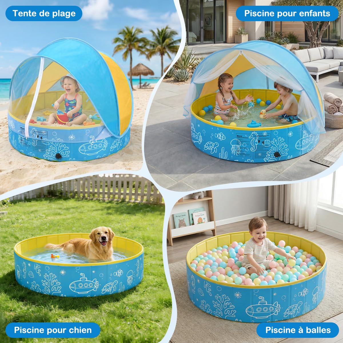 Piscine Pliable pour Enfants avec Toit Pare-Soleil et moustiquaire, Montage Rapide – 3-en-1 Piscine Portable pour bébé avec Ventilation, INCL. Sac de Transport pour Plage, Jardin, Camping et Voyages