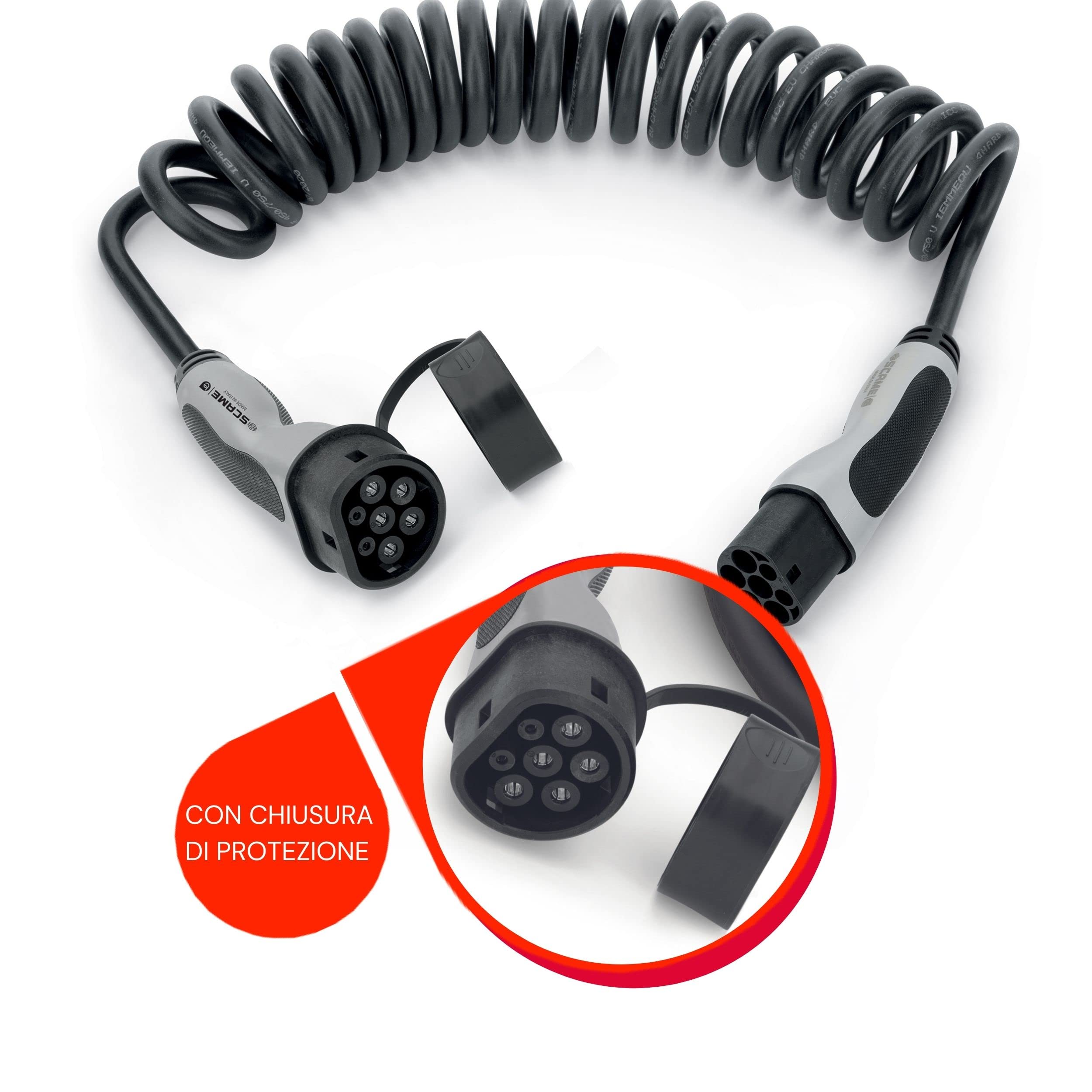 SCAME | Spiralna elektryczna ładowarka samochodowa - złącze jednofazowe kabel typu 2 do typu 2-7,4 kilowata - 32 amperów - długość 4 metry spiralne