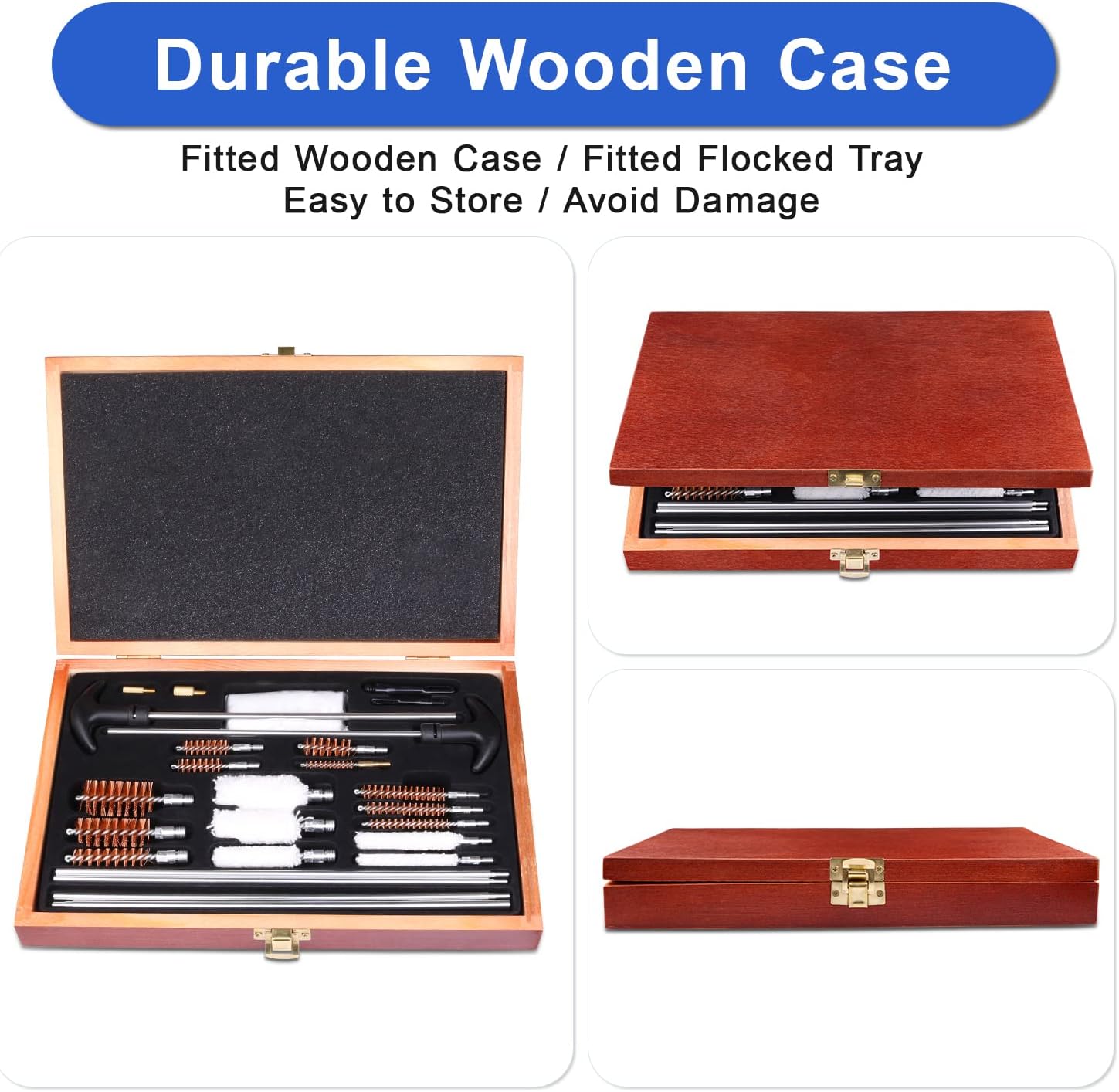 YUEWO Universal Gun Cleaning Kit for All Caliber Handgun Rifle Shotgun Pistol Gun Cleaning Kit,Hunting Gun Accessories Gun Cleaning Kit with Wooden Case, Full Bronze Brushes for Hunting Shooting