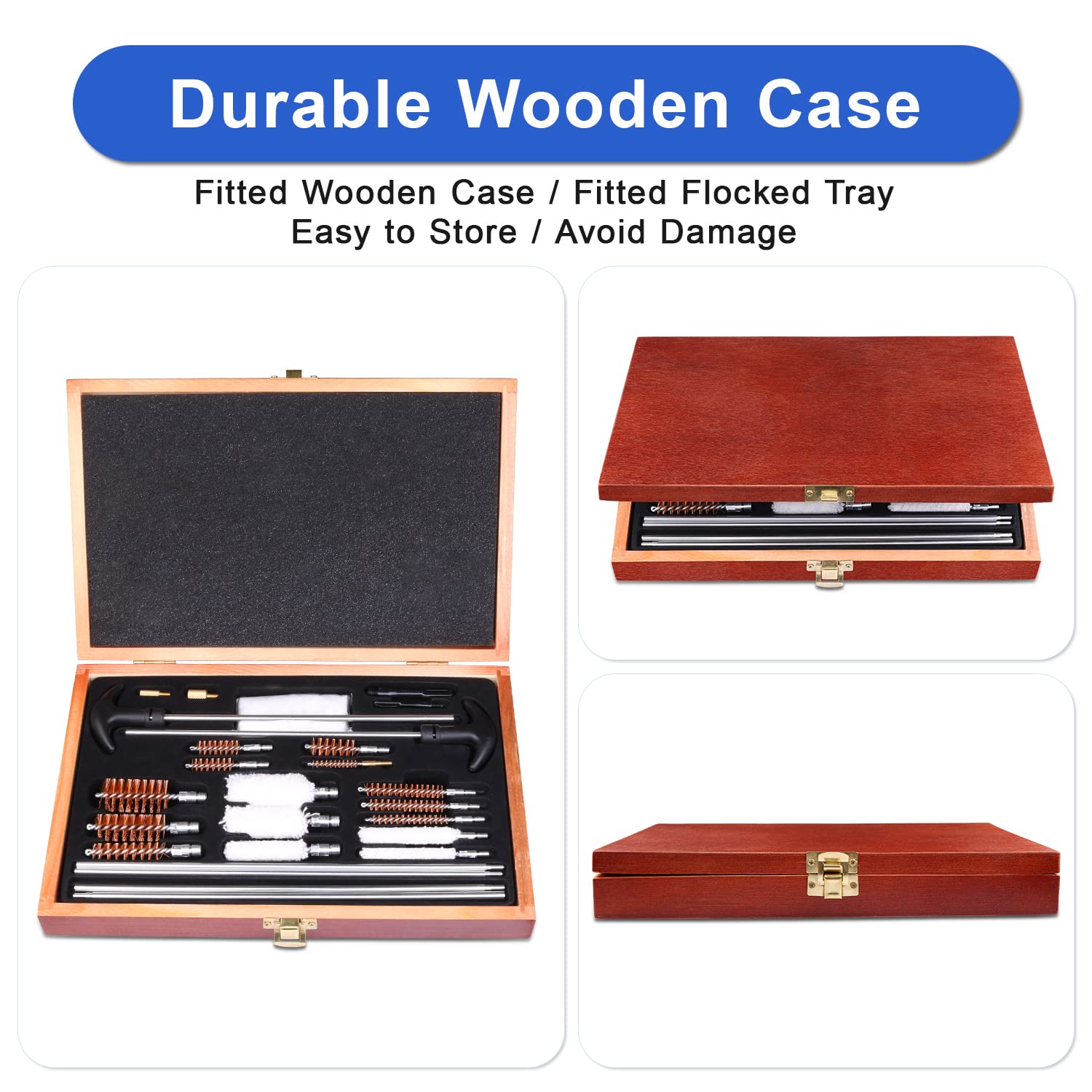 Fayelong Kit Pulizia Armi Universale Kit Pulizia Fucile Pistola per Tutti i Calibri 9x21 9x19/5.56mm 9mm/Calibro 12, Accessori per Fucili da Caccia con Custodia in Legno