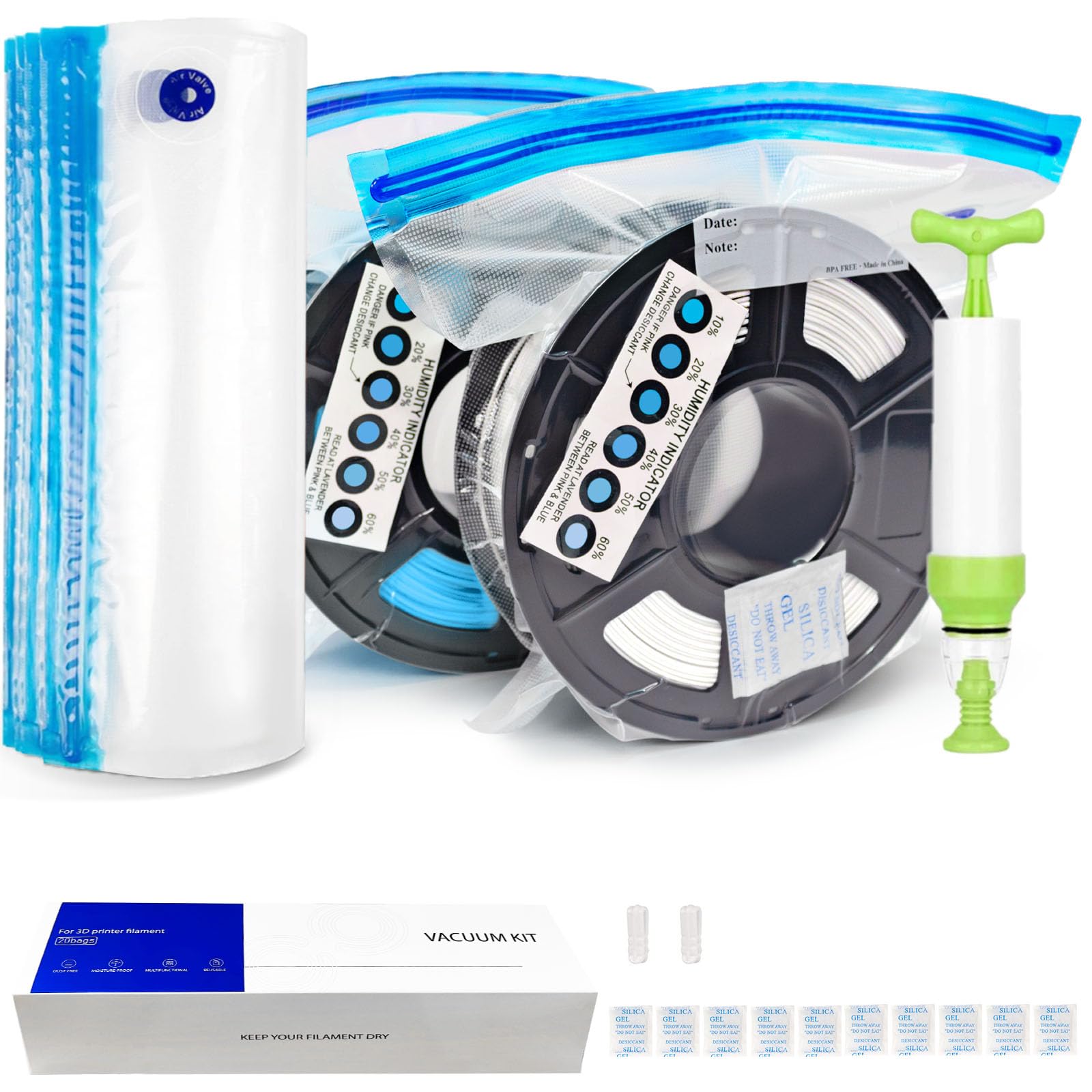 Filament Storage Bags 22 Pcs with Hand Pump, 10 Filament Vacuum Storage Bags Plus 10 Desiccants and 2 Clips