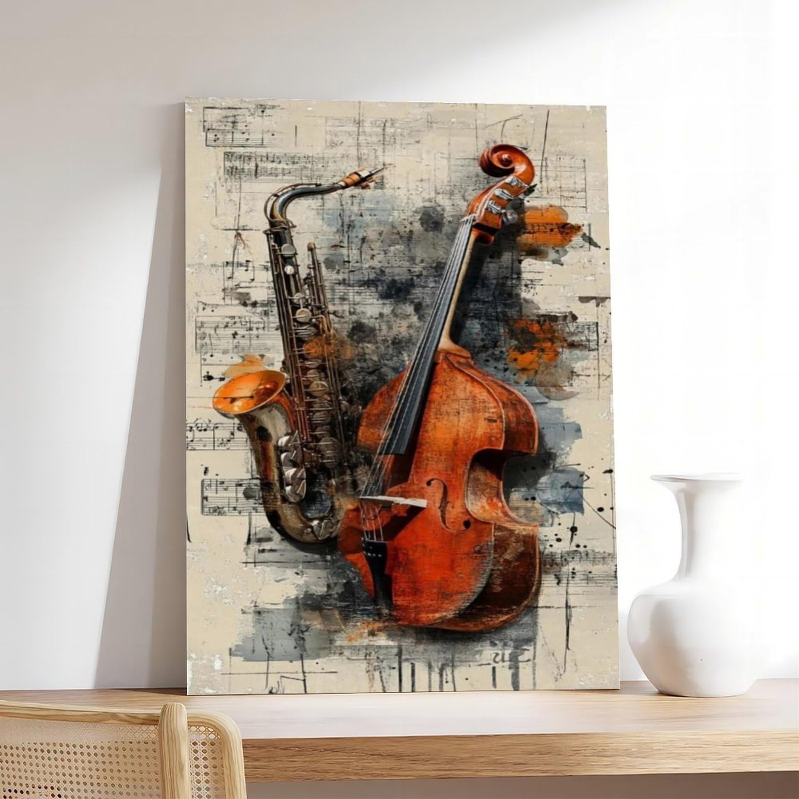 Poster su tela a tema musica jazz sinfonia sassofono e violoncello, decorazione artistica da parete per soggiorno, camera da letto, decorazione, 61 cm di lunghezza x 91,4 cm di larghezza