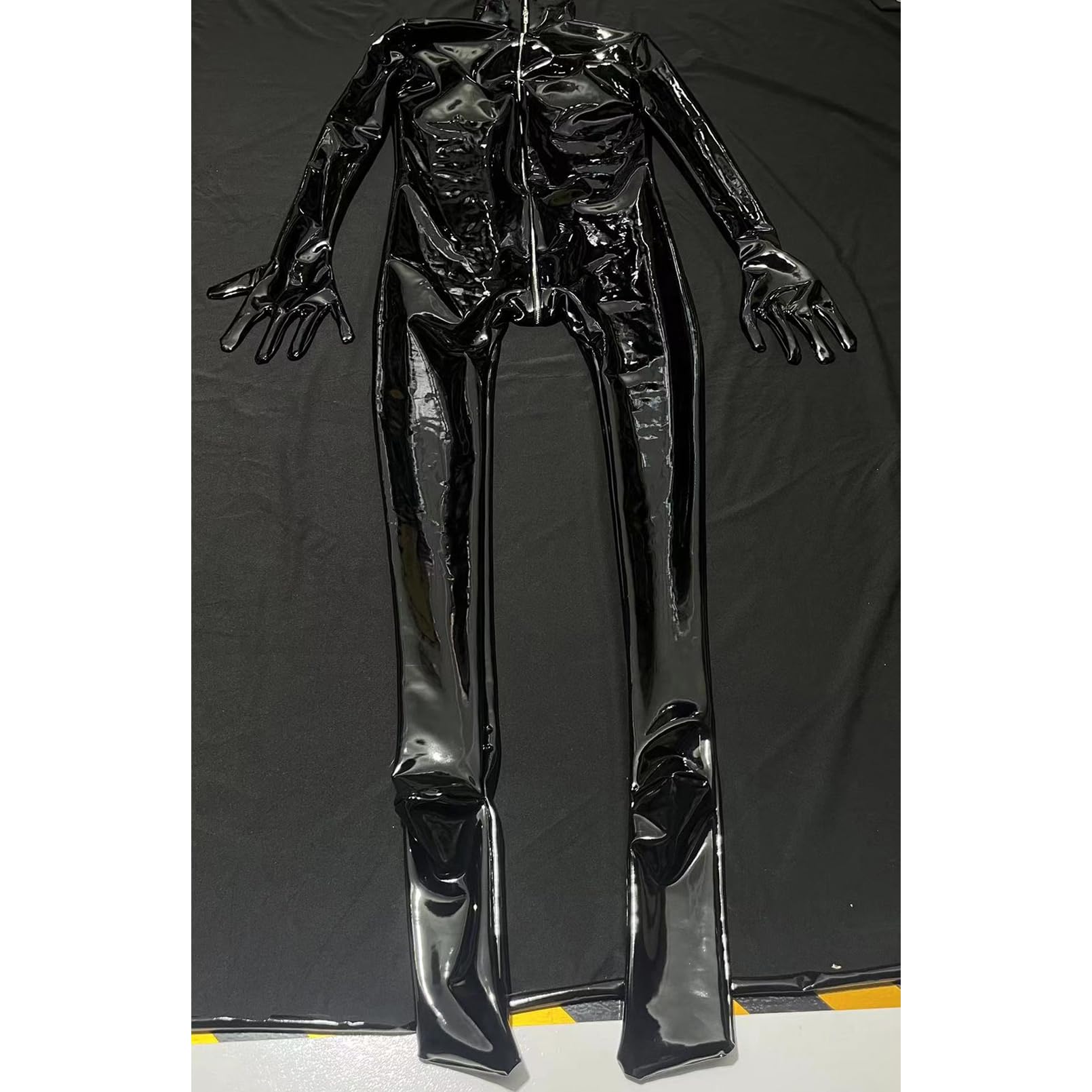 Damen Sexy Wetlook PVC Leder Catsuit mit Handschuhen Kapuze Ganzkörper Anzug Reißverschluss Overall
