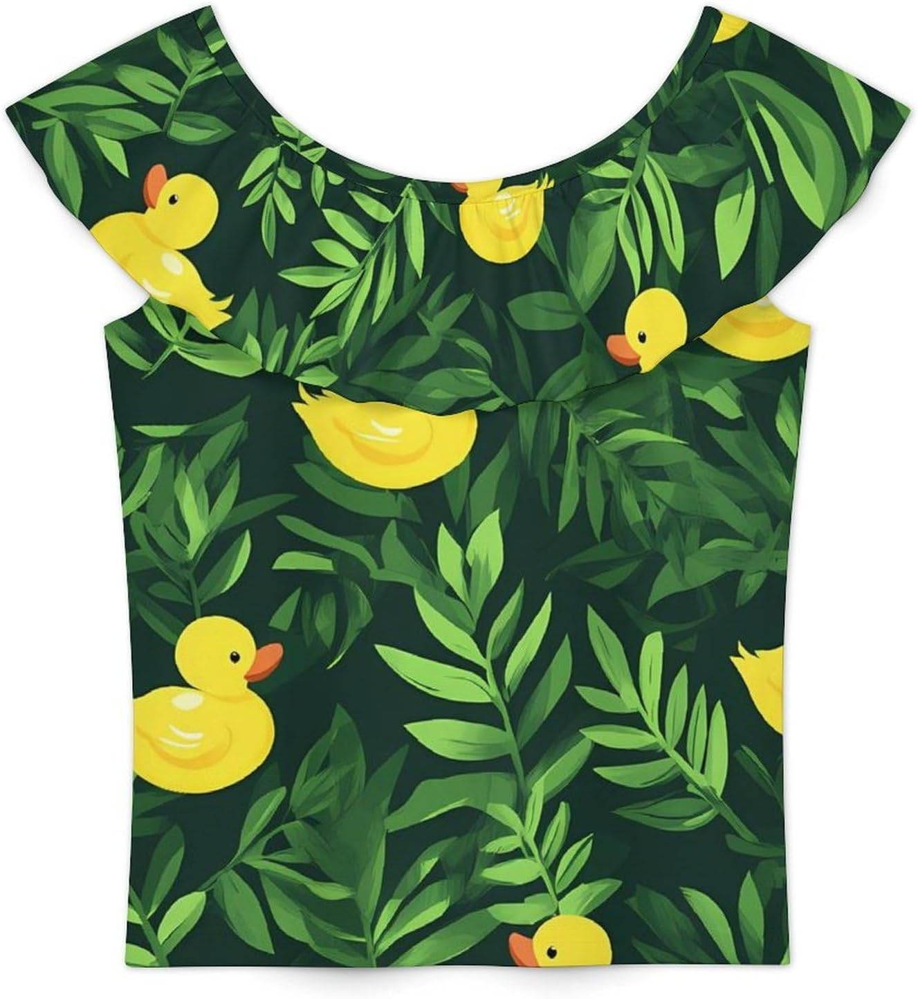 Yellow Rubber Ducks in Green Leaf Girls T-Shirts Top Ruffle Short Sleeve Blouse Casual Graphic Tees