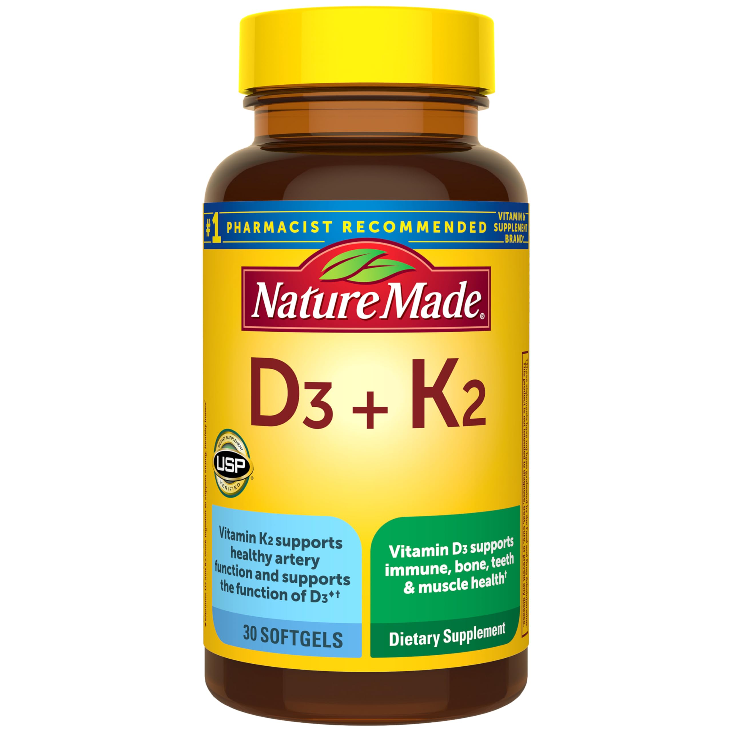 Nature Made Vitamin D3 K2 Supplement, 5000 IU (125 mcg) Vitamin D for Bone, Teeth, Muscle and Immune Support, 30 D3 and K2 Softgels, 30 Day Supply